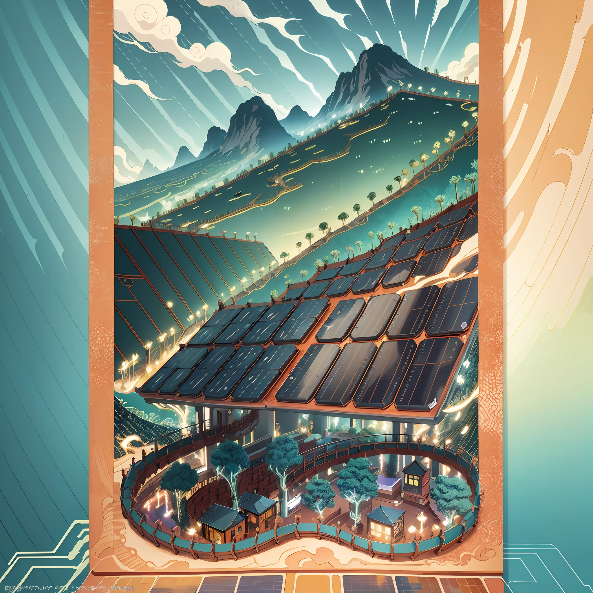 Poster design, frame 9:16, (SFW), new energy photovoltaic panels, solar panels, photovoltaic power generation, tracking bracket, surreal style, Dragon Boat Festival, background is interspersed in desert green mountains, perfect quality, clear focus, colorful, complex details, ultra-low viewing angle --auto --s2