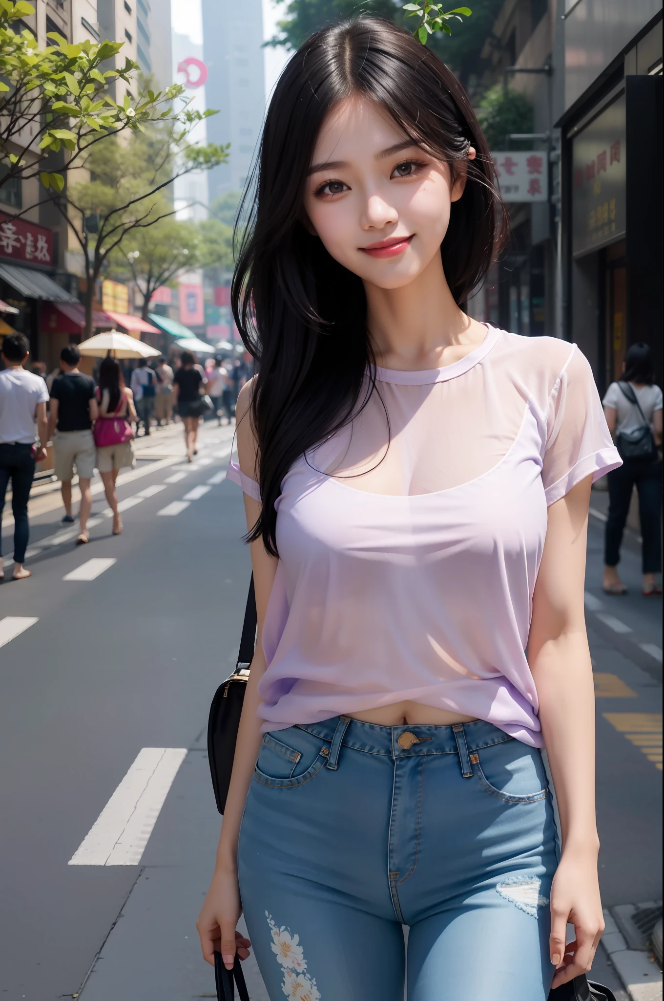 Guangzhou Street, 1 girl, black hair, purple eyes, glowing eyes, smile, blush, transparent top, medium breasts, flowers, sun, sunlight, skinny jeans, large B unit