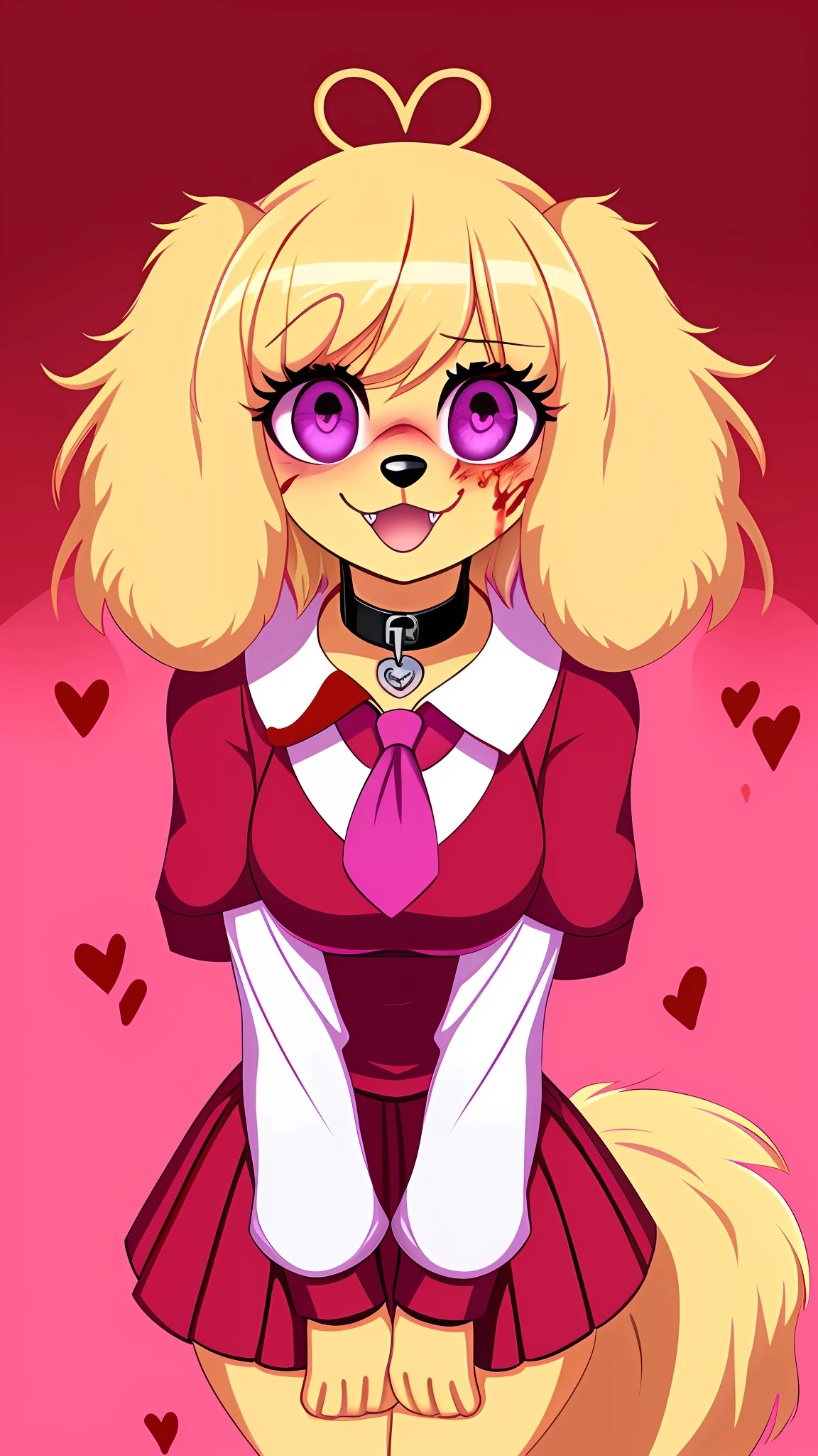 1girl, solo, fangs, happy, full body, clothed, body fur, furry female, furry, purple eyes, tail, looking at viewer, animal ears, blonde hair, :3, short hair, yellow fur, flat color, heart collar, medium breasts, animal nose, choker, dog girl, collar, dog ears, bangs, nose blush, dog tail, animal feet, long ears, golden retriever, spaniel dog, fluffy ears, downward ears, floppy ears, long ear fur, ears as hair, adult, mature, violet eyes, yandere, heart eyes, blood, blush, blood on face, blood on clothes, schoolgirl uniform