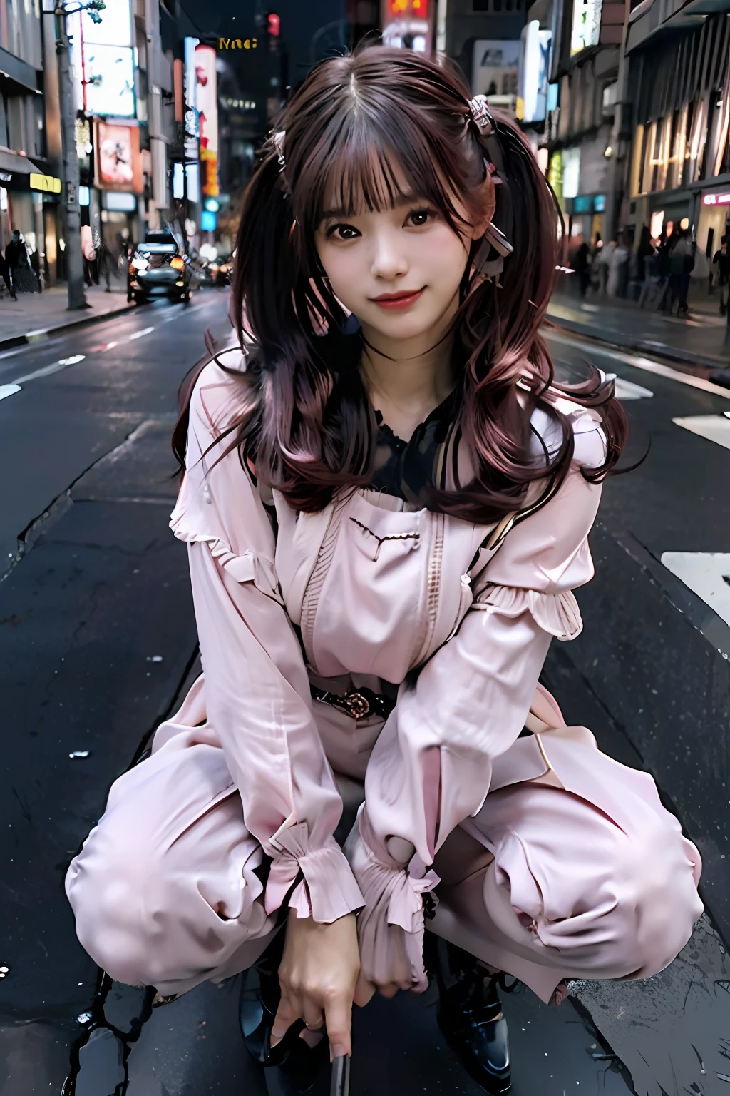 best quality, masterpiece, ultra high res, 8K, raw, (photo realistic:1.4), sharp focus, 1 girl, (detailed background:1.5), (tokyo street:1.3), full body, medium built, (squatting, spread legs, skindentation:1.3), cute,18yo, evil smile, big black eyes, medium breasts, (pink hair:1.3), detailed clothes
