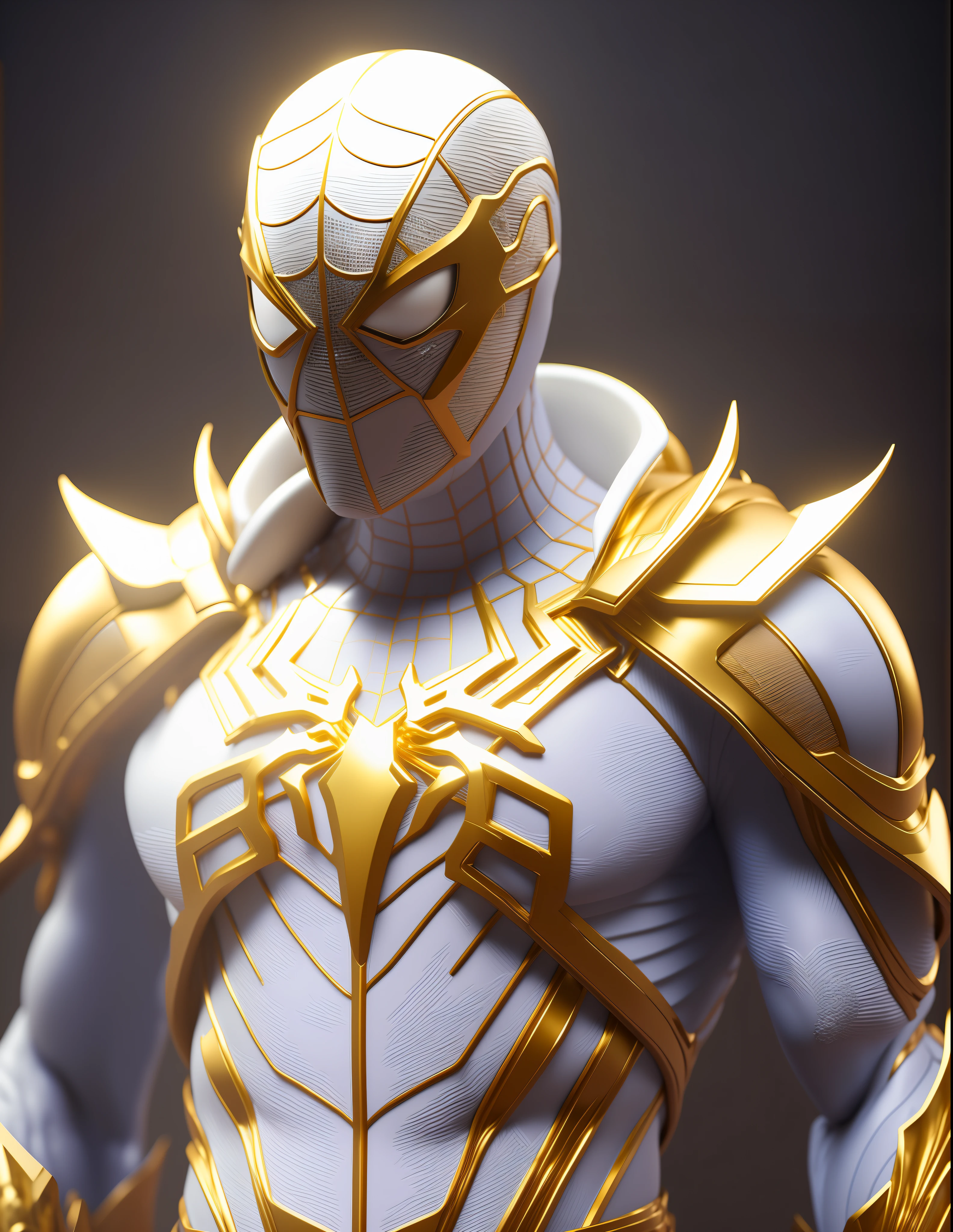 a close up of a statue of a man with a gold and white costume, super detailed render, 3 d render character art 8 k, intricate white and gold armor, full samurai armor spiderman, high detail iconic character, 8k render”, octane render ”, octane render”, super detailed octane render, super rendered in octane render, hyper detailed 3 d render, futuristic style spiderman