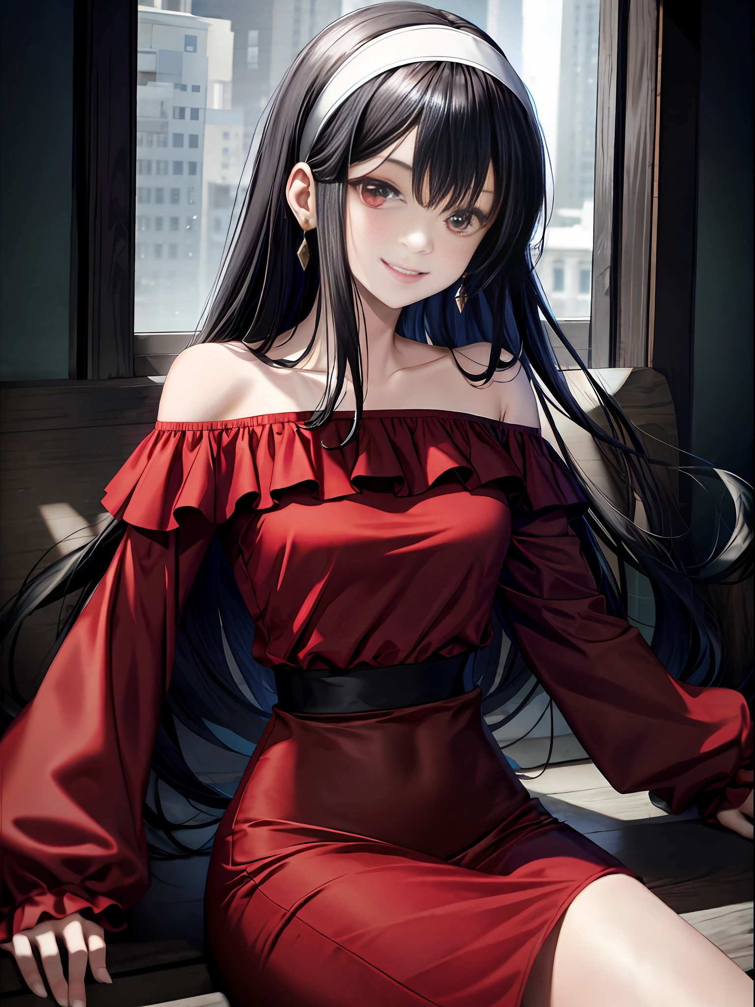 Yor Briar, 1girl, , detailed doujin art, high quality fan art, is a slim and cute anime woman wearing beautiful clothes, bare shoulders, bangs, black hair, collarbone, earrings, headbands, accessories, long hair, long sleeves, off-the-shoulder shirt, petals, off-the-shoulders, red eyes, smile, red shirt, shirt, solo, upper body, white hairband, ((masterpiece))