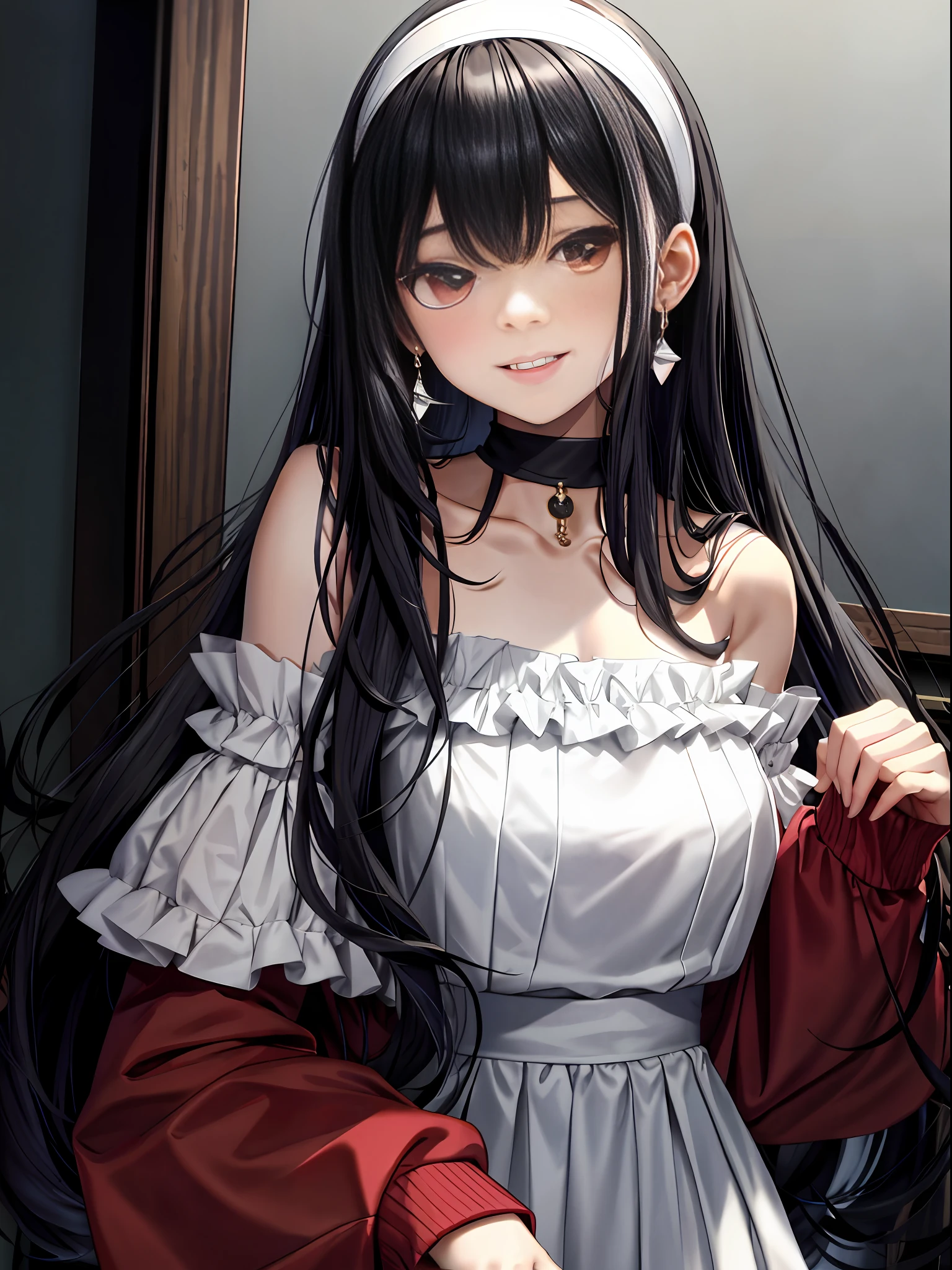 Yor Briar, 1girl, , detailed doujin art, high quality fan art, is a slim and cute anime woman wearing beautiful clothes, bare shoulders, bangs, black hair, collarbone, earrings, headbands, accessories, long hair, long sleeves, off-the-shoulder shirt, petals, off-the-shoulders, red eyes, smile, red shirt, shirt, solo, upper body, white hairband, ((masterpiece))