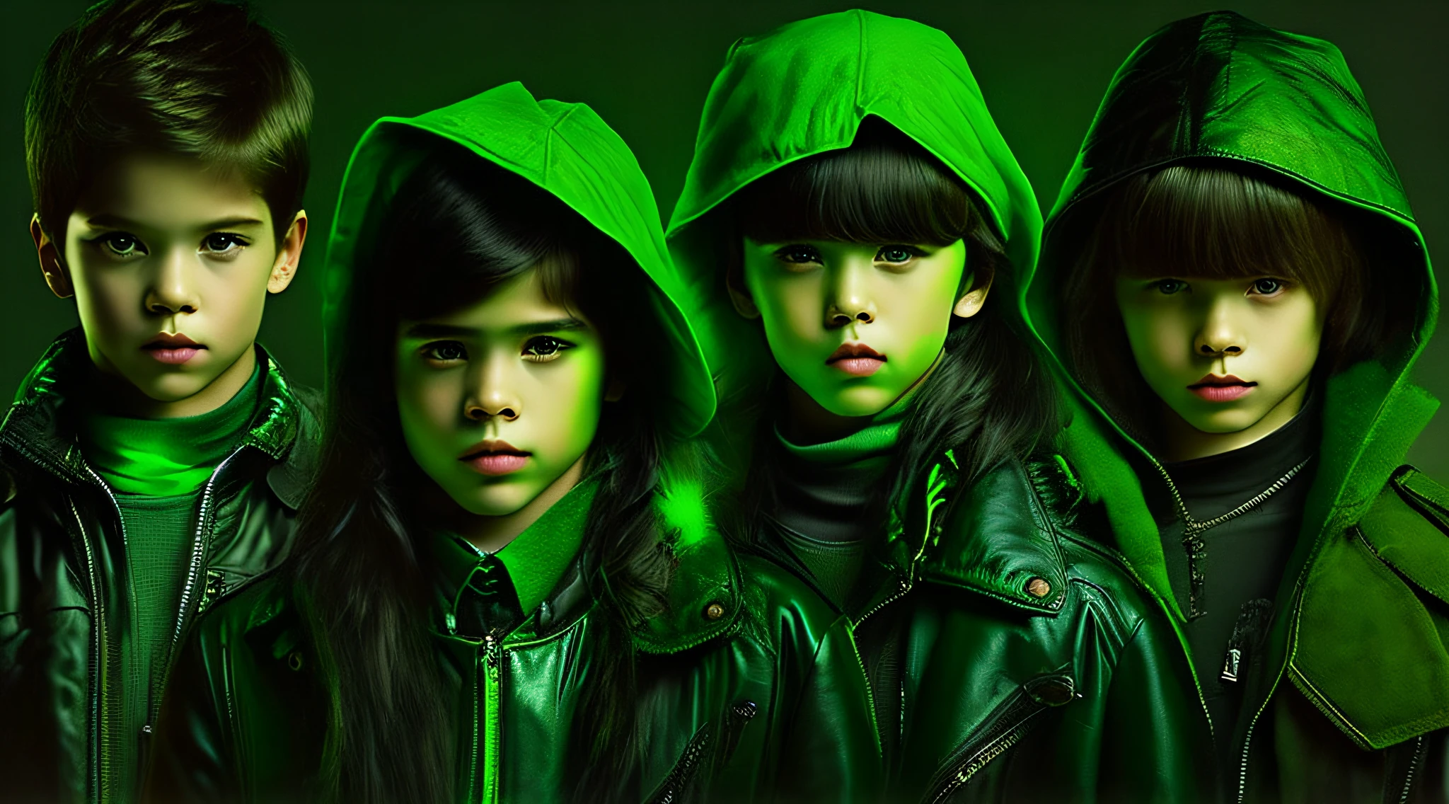 3 boys children WITH LONG STRAIGHT DARK HAIR, GREEN LEATHER JACKET AND BLACK CLOTHES. PORTRAT STYLE, a green glow, detalized background of green glow, green glow, green ambient light, bright green, radioactive glow green, neon green, sickening green colors.