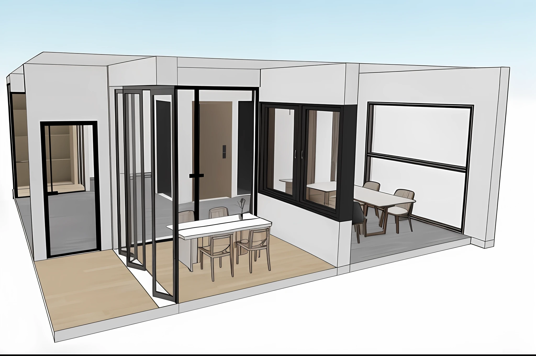 a rendering of a small room with a dining table and a kitchen, concept house, 3 d perspective, concept drawing, detailed rendering, vue 3d render, detailed 3d render, detailed 3 d render, 3 / 4 view, 3/4 view, 3 - d render, realistic concept, photograph of 3d ios room, 3 d rendering, 3d rendering