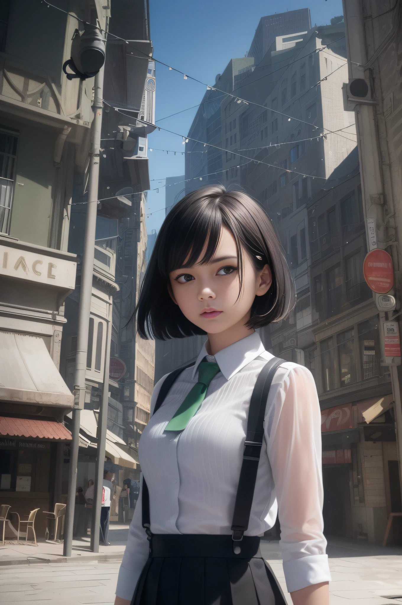 masterpiece, best image , black hair, blue eyes, looking up, upper body, thin transparent shirt with white collar, textured face, stubborn stance, on the roof of a building, very detailed city roof background, standing with rooftop railing, overlooking the city, with the PARCO sign of the next building in the background, shading, light awn, watercolor style, one girl surrounded by the roof of the building, pointed, ultra high definition face, detailed eyes, Neat thin soft cloth green skirt, random hairstyle short hair, green ribbon tie, (8K, RAW, professional, best quality, masterpiece: 1.2), (realistic, photorealistic: 1.37), super detail, (portrait), (best detail skin: 1.2), (best detail face: 1.2), cinematic lighting
