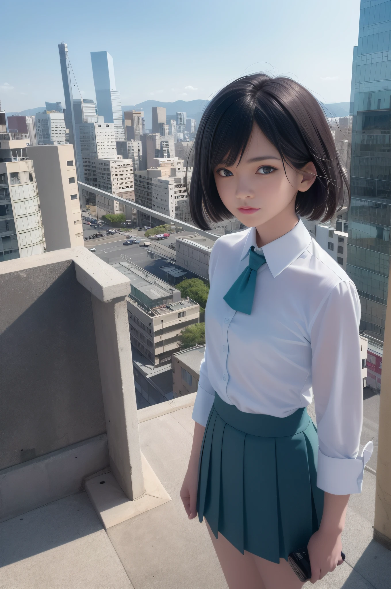 masterpiece, best image quality, black hair, blue eyes, looking up, upper body, thin transparent shirt with white collar, textured face, stiff stance, on the roof of a building, very detailed Japan s city roof background, standing with rooftop railing, overlooking the city, with the PARCO sign of the next building in the background, shading, light awn, watercolor style, one girl surrounded by the roof of the building, pointed, ultra high definition face, Detailed eyes, neat thin soft cloth green skirt, random hairstyle short hair, green ribbon tie, (8K, RAW, professional, highest quality, masterpiece: 1.2), (realistic, photorealistic: 1.37), super detailed, (portrait), (highest detail skin: 1.2), (best detail face: 1.2), Cinematic Lighting