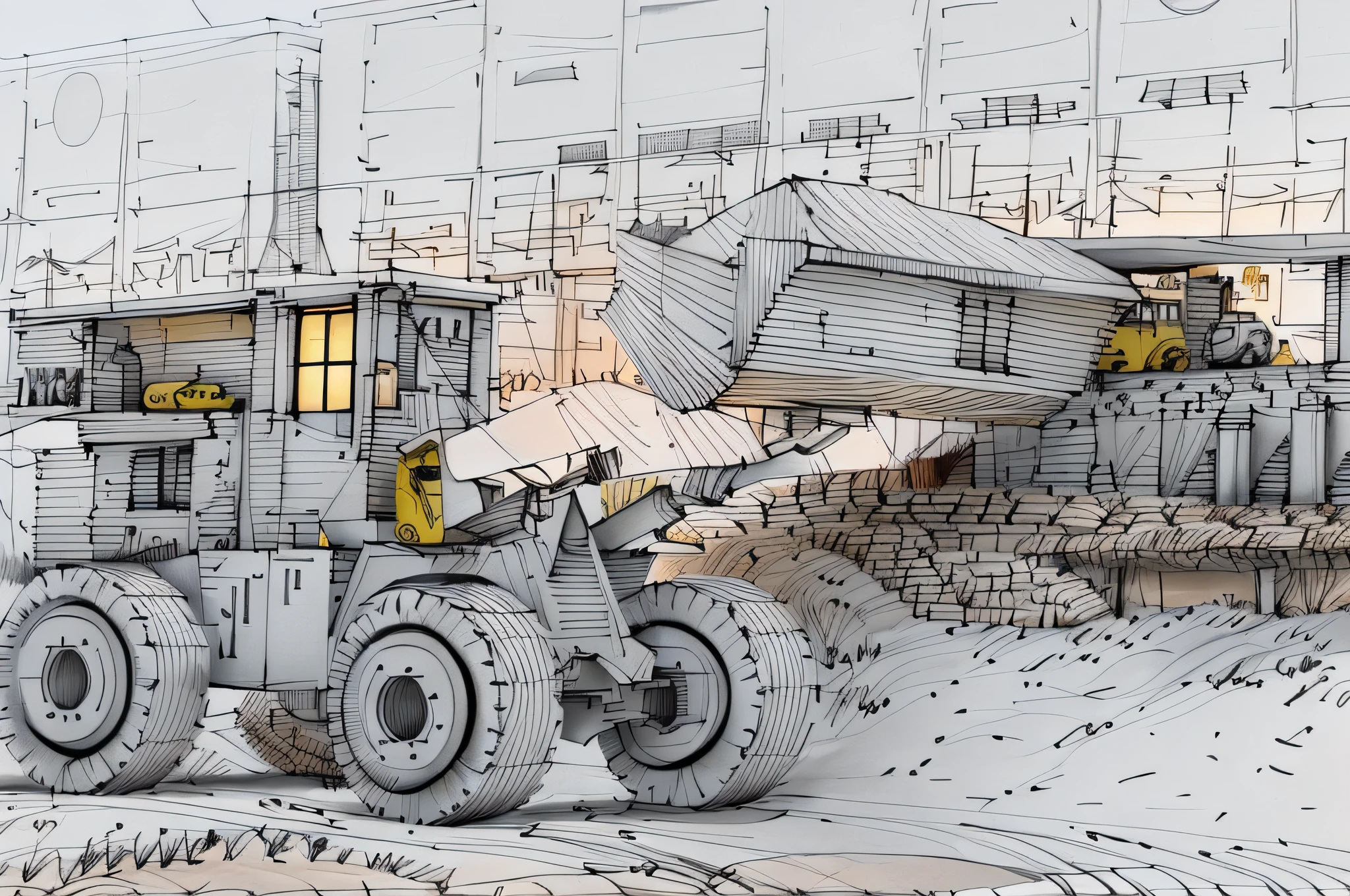 linear, gray, white background, simple background,sketch, sketch,pen_sketch_style,There is a large yellow bulldozer that is parked in front of the train, heavy machinery, sand piled in the corners, a large shovel, mining scrap metal, gravel, stone quarry location, hard work, massive construction machines