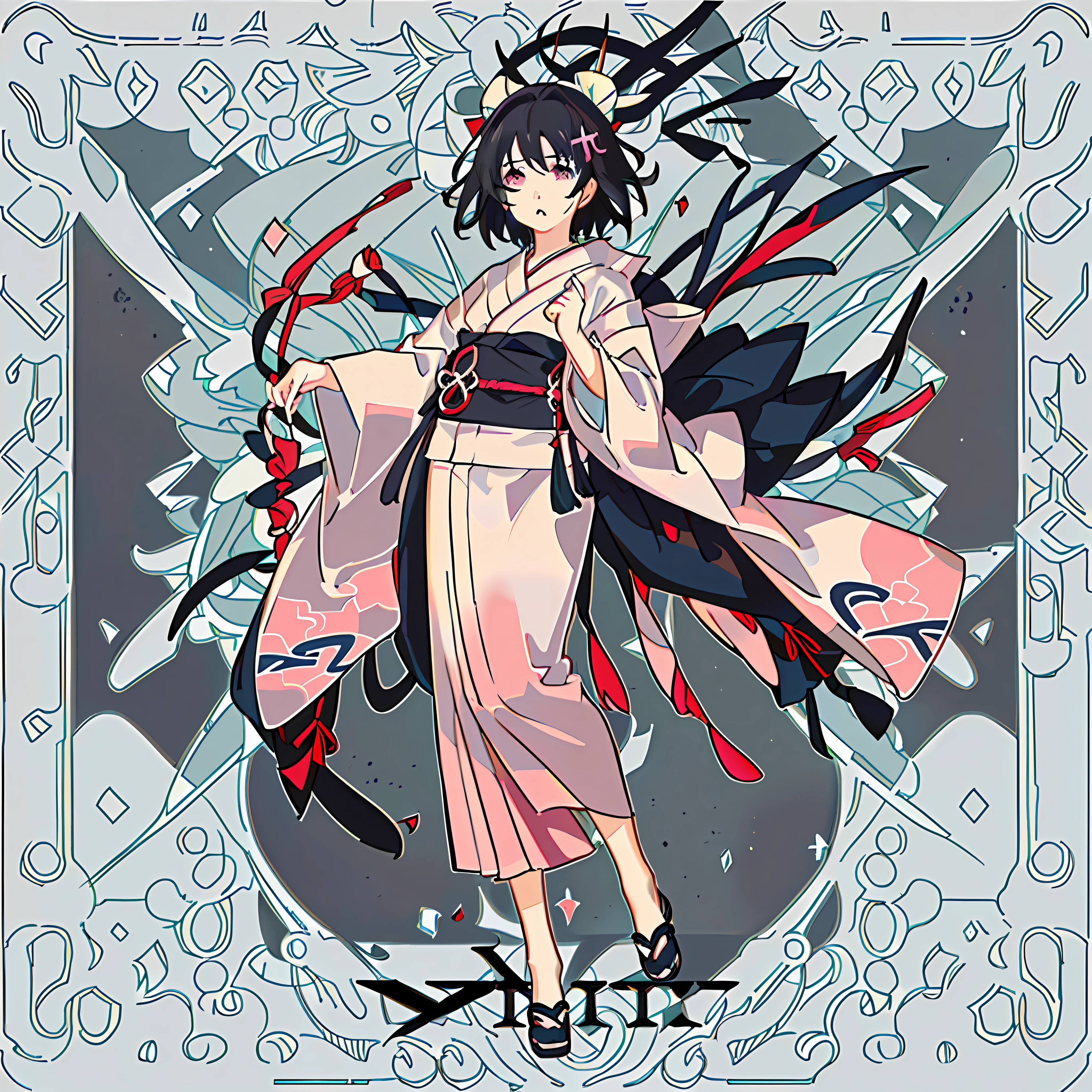 masterpiece, animation, detail, detail eyes, front, full body shooting, away from camera, facing camera, character standing painting, 1 li, standing, short, flat chest, blank eyes, (expression indifference2), gorgeous kimono, pink_blue kimono,,complex patterns on clothes, short hair, black hair, white background
