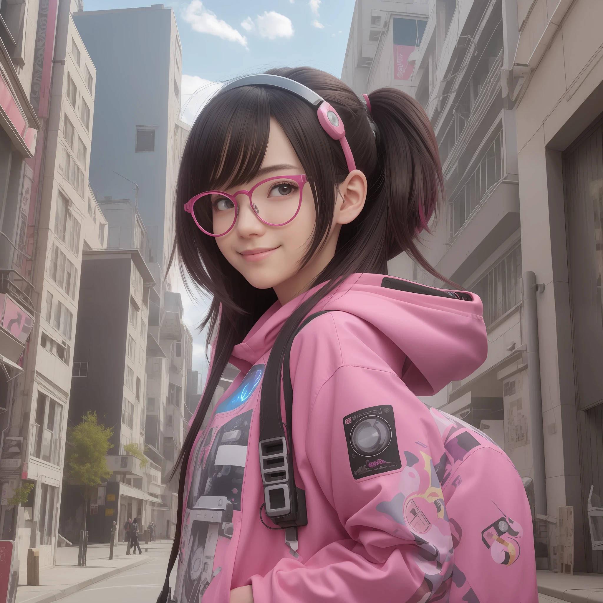 masterpiece, best quality, amazing, beautiful detailed eyes, a character portrait, cute face, smile, black hair and red streaked hair, a anime girl wearing a wearing round glasses in a pink camouflage Hoodie, heart pose, inspired by ((Robocosan, hololive)), by Makoto Shinkai, detailed texture, space art, explosions all around, a school in the background, Unreal Engine, trending on artstation