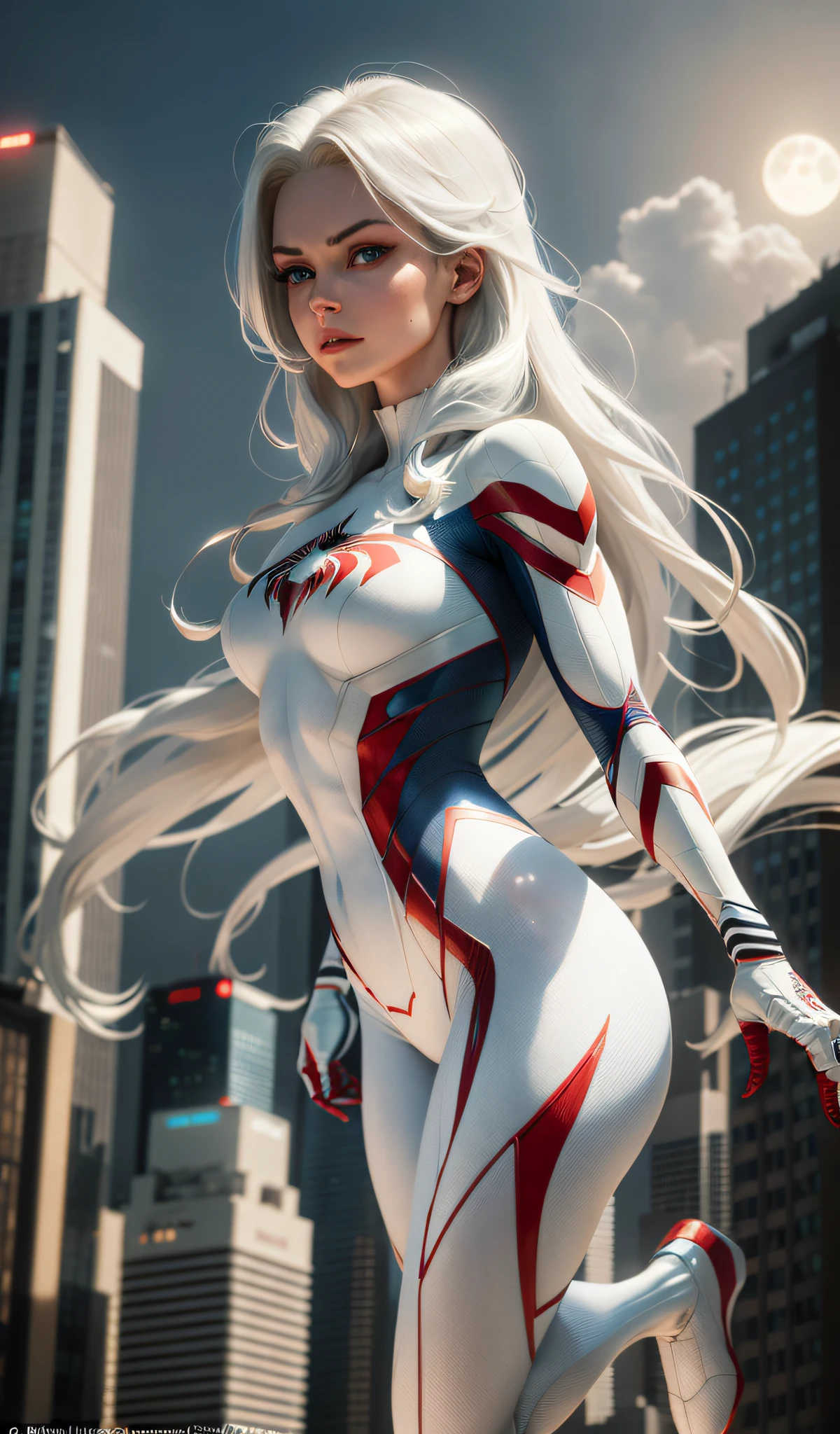 (Masterpiece, 4k resolution, ultra-realistic, very detailed), (White superhero theme, charismatic, there's a girl on top of town, wearing Spider-Man costume, she's a superhero), [ ((25 years), (long white hair:1.2), full body, (blue eyes:1.2), ((Spider-Man pose),show of strength, jumping from one building to another), ((sandy urban environment):0.8)| (cityscape, at night, dynamic lights), (full moon))] # Explanation: The Prompt mainly describes a 4K painting of ultra-high definition, very realistic, very detailed. It shows a superheroine at the top of the city, wearing a Spider-Man costume. The theme in the painting is a white superhero theme, the female protagonist has long white hair, is 25 years old and her entire body is shown in the painting. In terms of portraying the actions of superheroines, spiders are employed