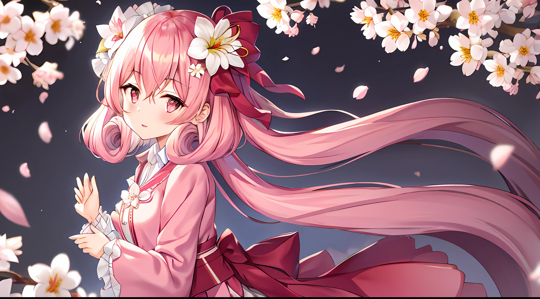 cherry_blossoms, flower, petals, 1girl, falling_petals, pink_flower, spring_\(season\), branch, white_flower, solo, long_hair, petals_on_liquid, bow, long_sleeves, skirt, shirt, bangs, wind, floating_hair, lily_\(flower\), breasts, daisy, looking_at_viewer, pink_shirt, pink clothes,medium_breasts