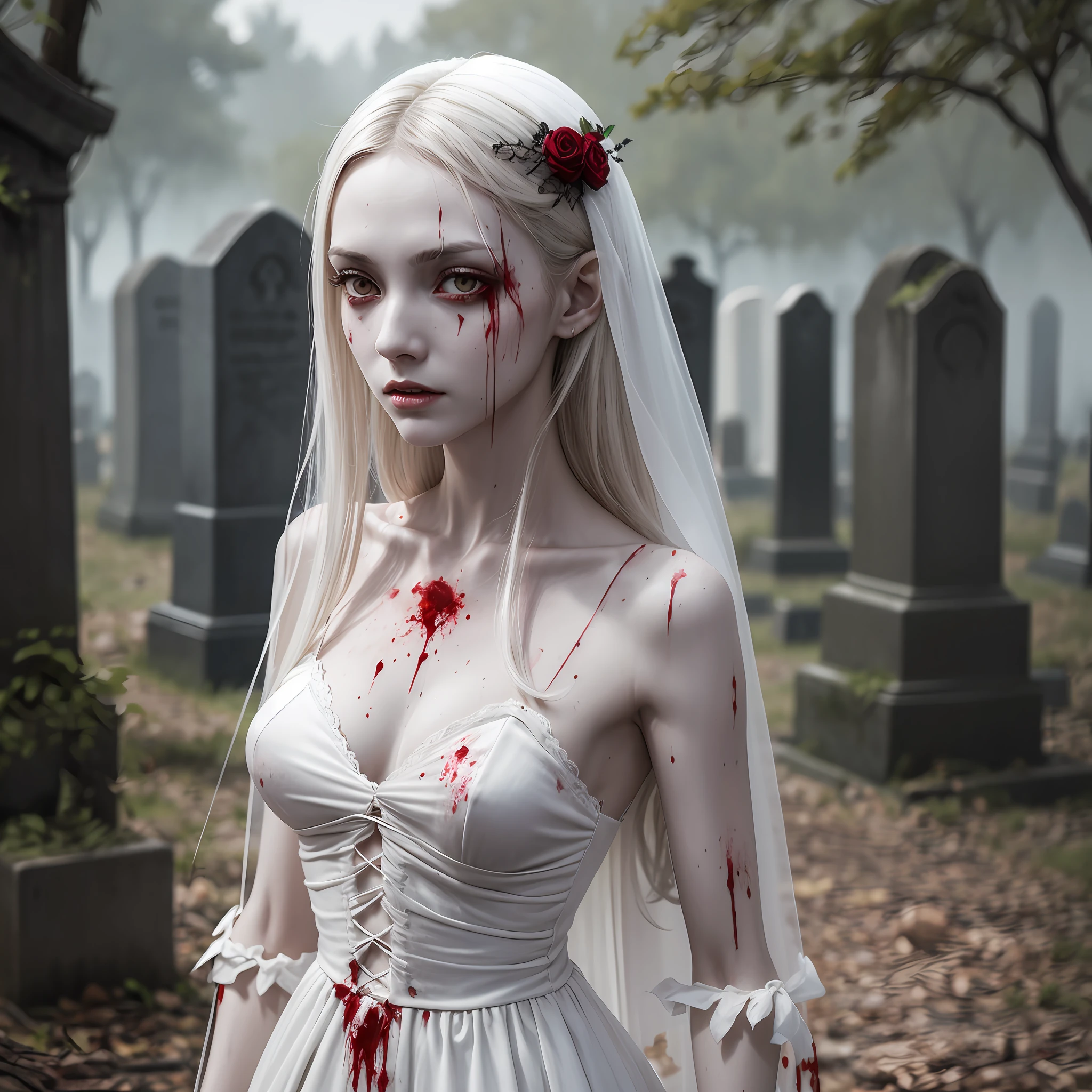 corpse, sinister, female, thin, pale, looking at the camera, ultra realistic, fully detailed, cemetery environment, bright eyes, white dress torn and stained with blood, bones exposed, putrid wounds, sensual, terrifying, super detailed --auto --s2