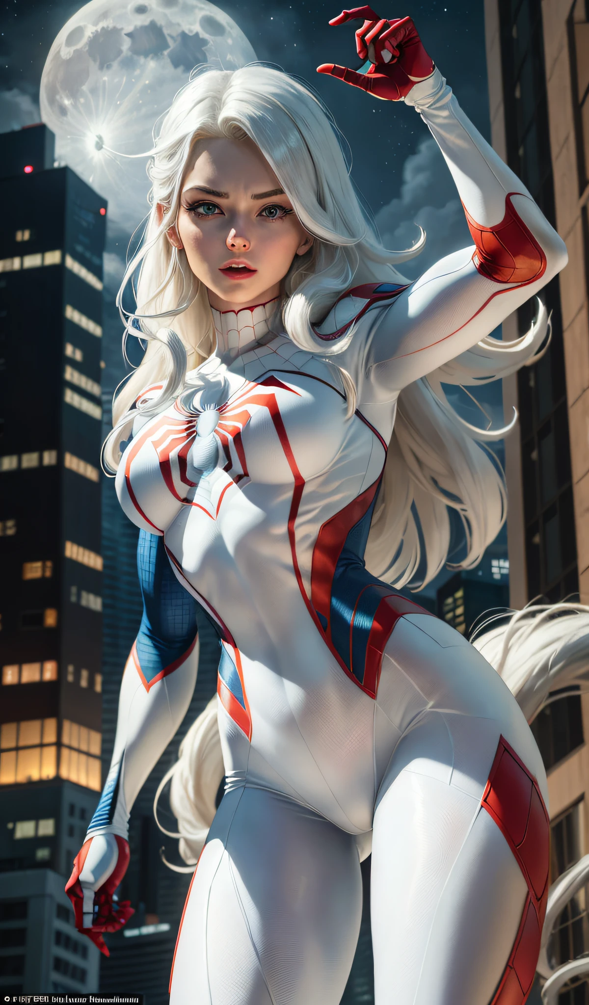 (Masterpiece, 4k resolution, ultra-realistic, very detailed), (White superhero theme, charismatic, there's a girl on top of town, wearing Spider-Man costume, she's a superhero), [ ((25 years), (long white hair:1.2), full body, (blue eyes:1.2), ((Spider-Man pose),show of strength, jumping from one building to another), ((sandy urban environment):0.8)| (cityscape, at night, dynamic lights), (full moon))] # Explanation: The Prompt mainly describes a 4K painting of ultra-high definition, very realistic, very detailed. It shows a superheroine at the top of the city, wearing a Spider-Man costume. The theme in the painting is a white superhero theme, the female protagonist has long white hair, is 25 years old and her entire body is shown in the painting. In terms of portraying the actions of superheroines, spiders are employed
