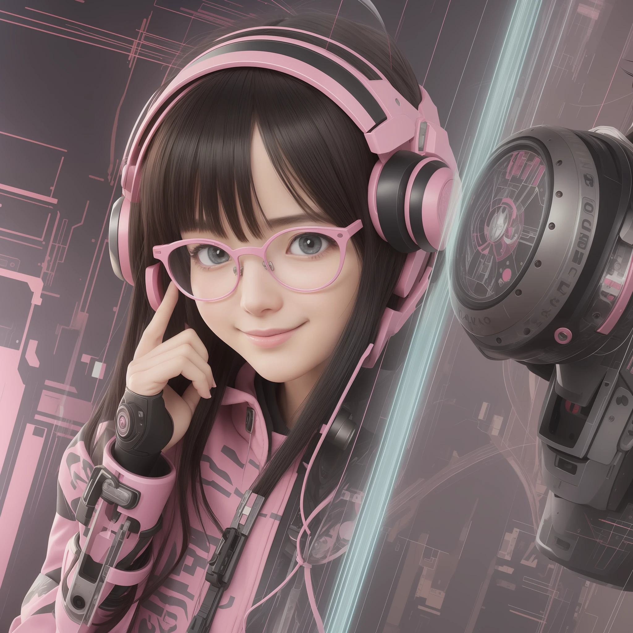 masterpiece, best quality, amazing, beautiful detailed eyes, a character portrait, cute face, smile, black hair and red streaked hair, a anime girl wearing a wearing round glasses in a pink camouflage Hoodie, heart pose, inspired by ((Robocosan, hololive)), by Makoto Shinkai, detailed texture, space art, explosions all around, a school in the background, Unreal Engine, trending on artstation