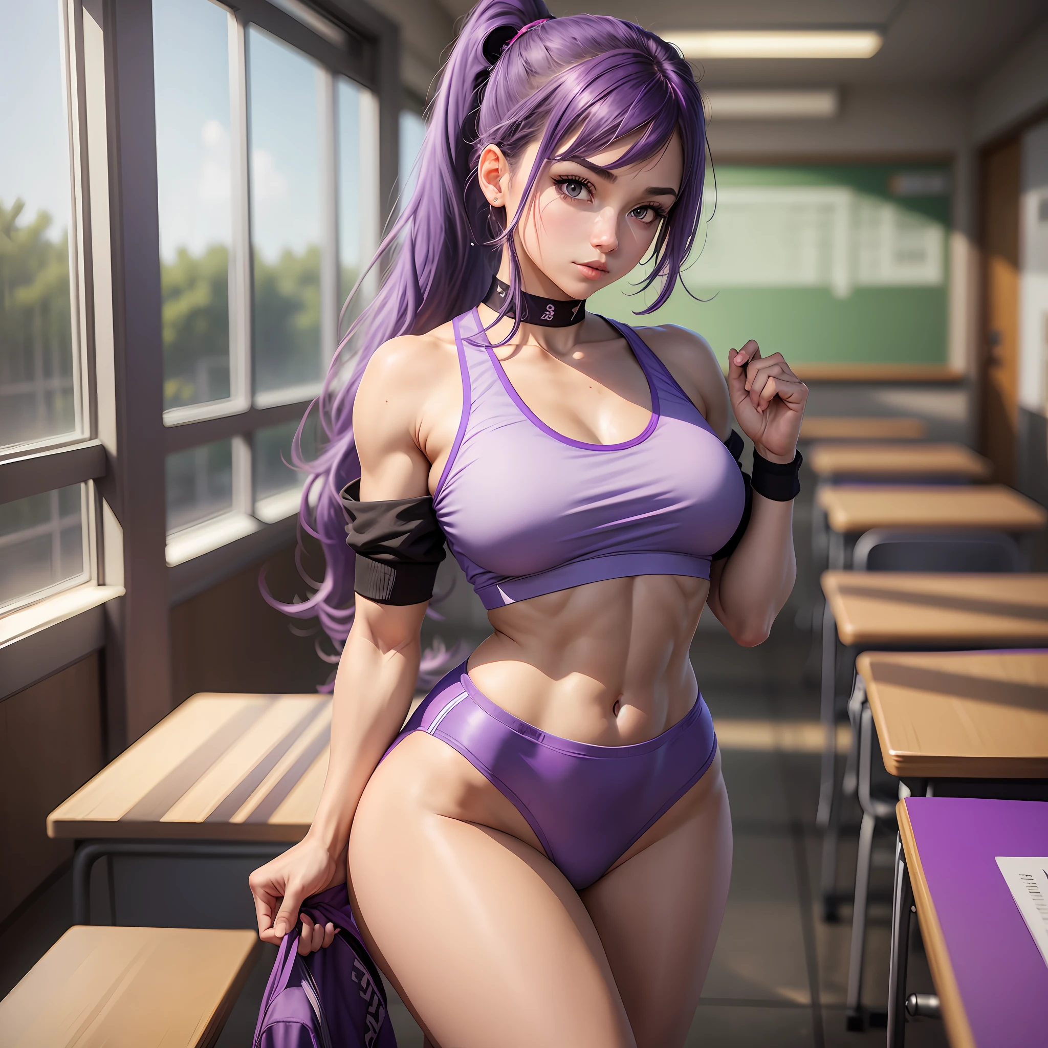 A woman, athletic body, perfect body, tabby body, purple hair, purple eyes, ponytail style hair, school clothes, inside the classroom --auto --s2