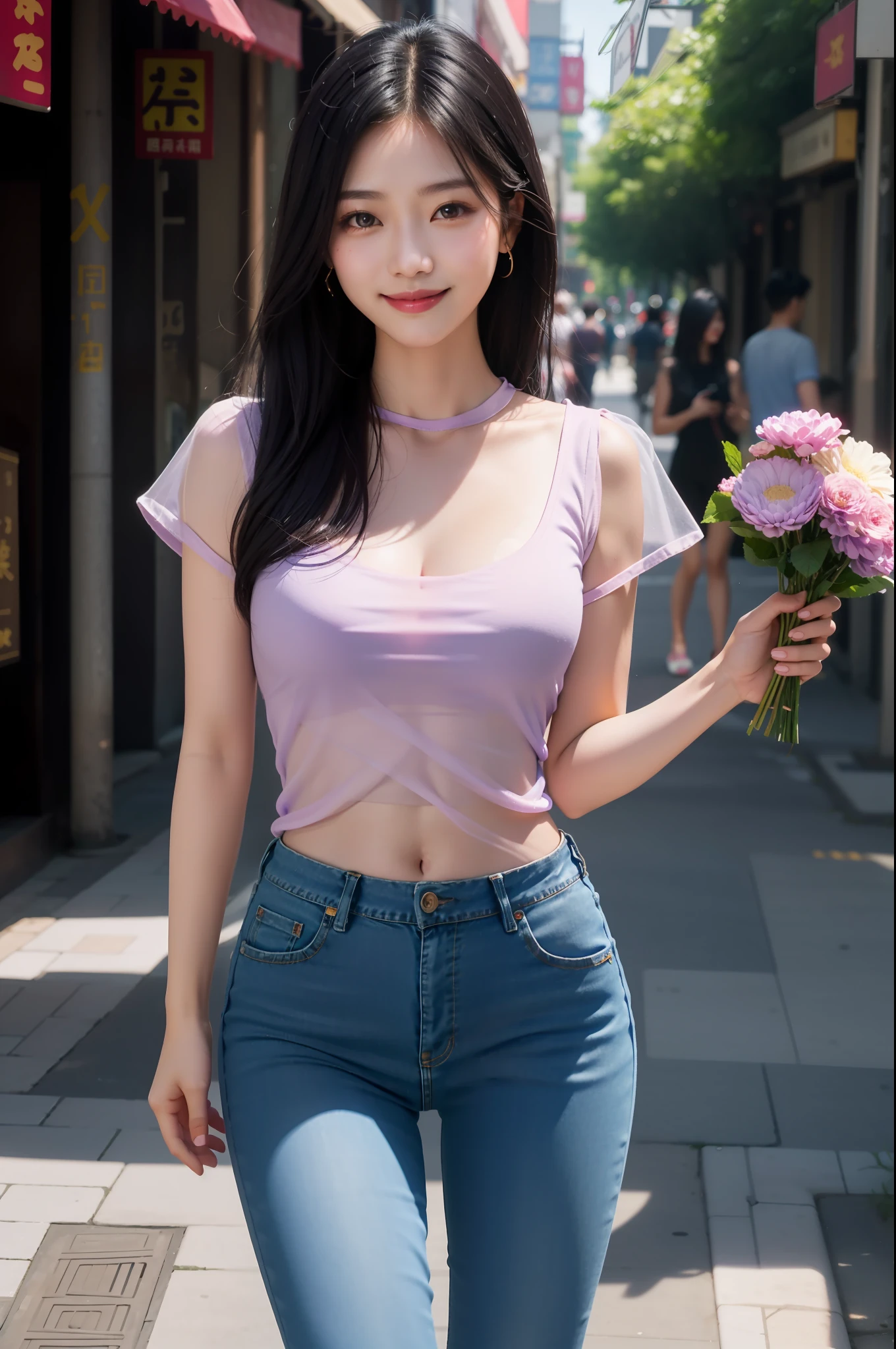 Guangzhou Street, 1 girl, black hair, purple eyes, glowing eyes, smile, blush, transparent top, medium breasts, flowers, sun, sunlight, skinny denim, 4k HD