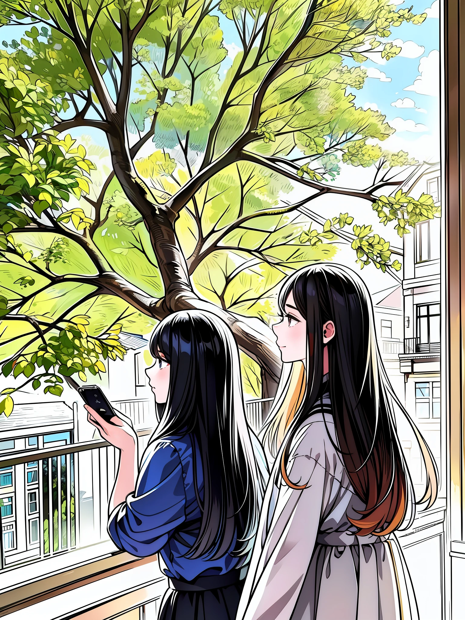two girls are looking at a bird in a tree, a picture, on a sunny day, with ivy, next to a tree, student, next to a big window, nice afternoon lighting, in sunny weather, sunny environment, shot with iphone 1 0, sunny day time, college, profile image, picture, in a sunny day, with trees, environmental shot