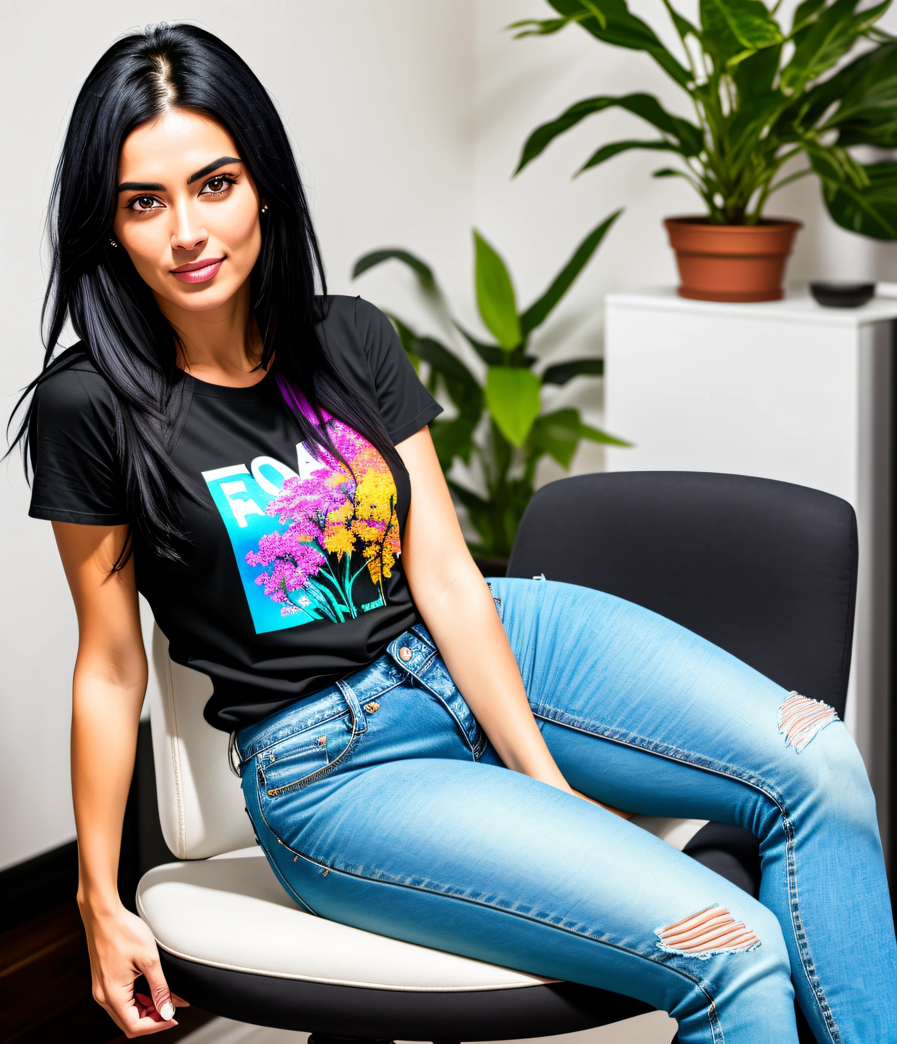 Woman sitting in a room with shiny black hair, wearing jeans and a colorful T-shirt. It has one with fixed look, detailed in a modern room, masterpiece of best quality, photorealistic, detailed, 8k, HDR, shallow depth of field, wide light, high contrast, backlighting, blooming, clear brightnesses, chromatic aberration, sharp focus.