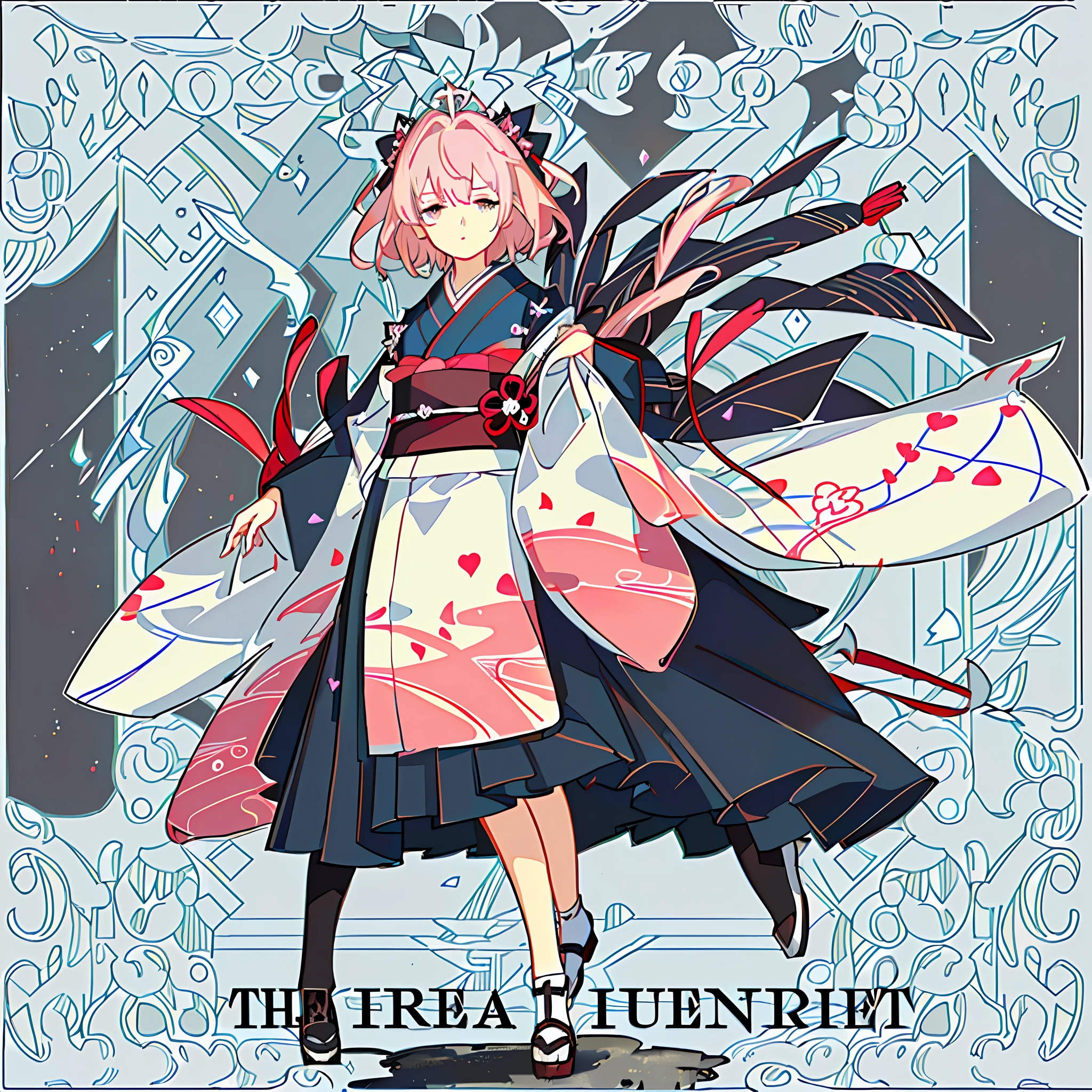 masterpiece, animation, detail, detail eyes, front, full body shooting, away from camera, facing camera, character standing painting, 1 , standing, hands at sides, short, flat chest, blank eyes, (expression indifference2), gorgeous kimono, pink_blue kimono, complex patterns on clothes, short hair, brunette hair, plain white background