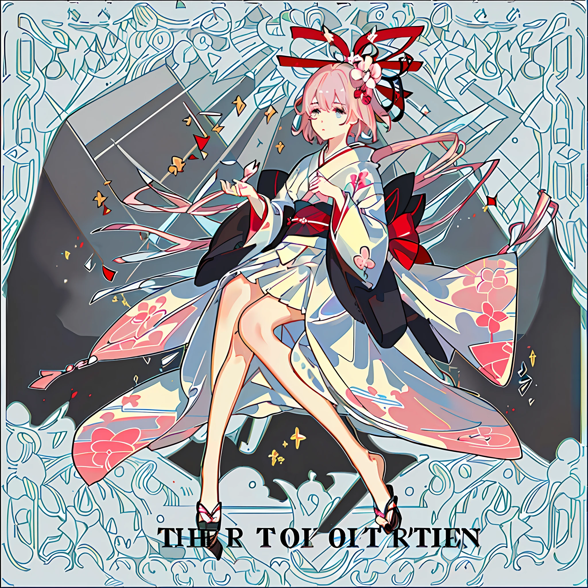 masterpiece, animation, detail, detail eyes, front, full body shooting, away from camera, facing camera, character standing painting, 1 loli, standing, hands at sides, short, flat chest, blank eyes, (expression indifference*2), gorgeous kimono, pink_blue kimono, complex patterns on clothes, short hair, brunette hair, plain white background
