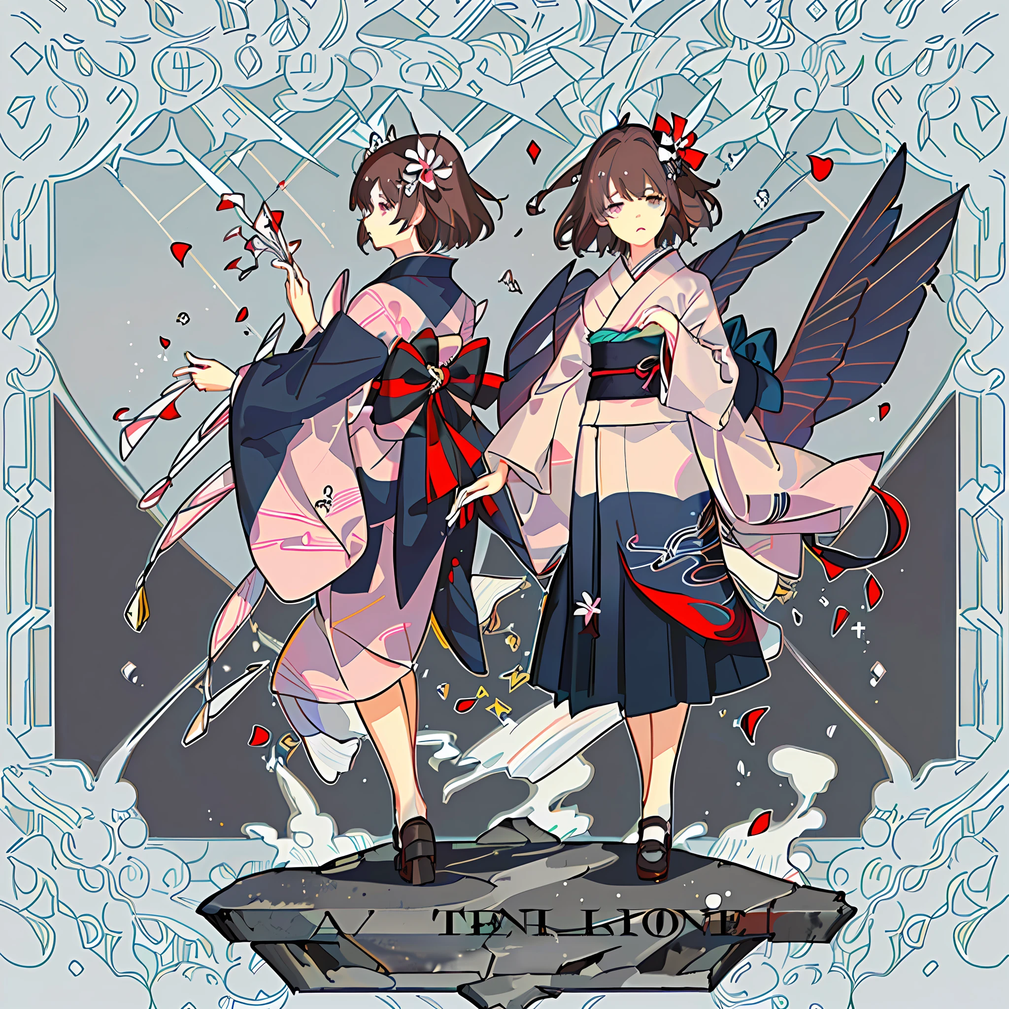 masterpiece, animation, detail, detail eyes, front, full body shooting, away from camera, facing camera, character standing painting, 1 loli, standing, hands at sides, short, flat chest, blank eyes, (expression indifference*2), gorgeous kimono, pink_blue kimono, complex patterns on clothes, short hair, brunette hair, plain white background