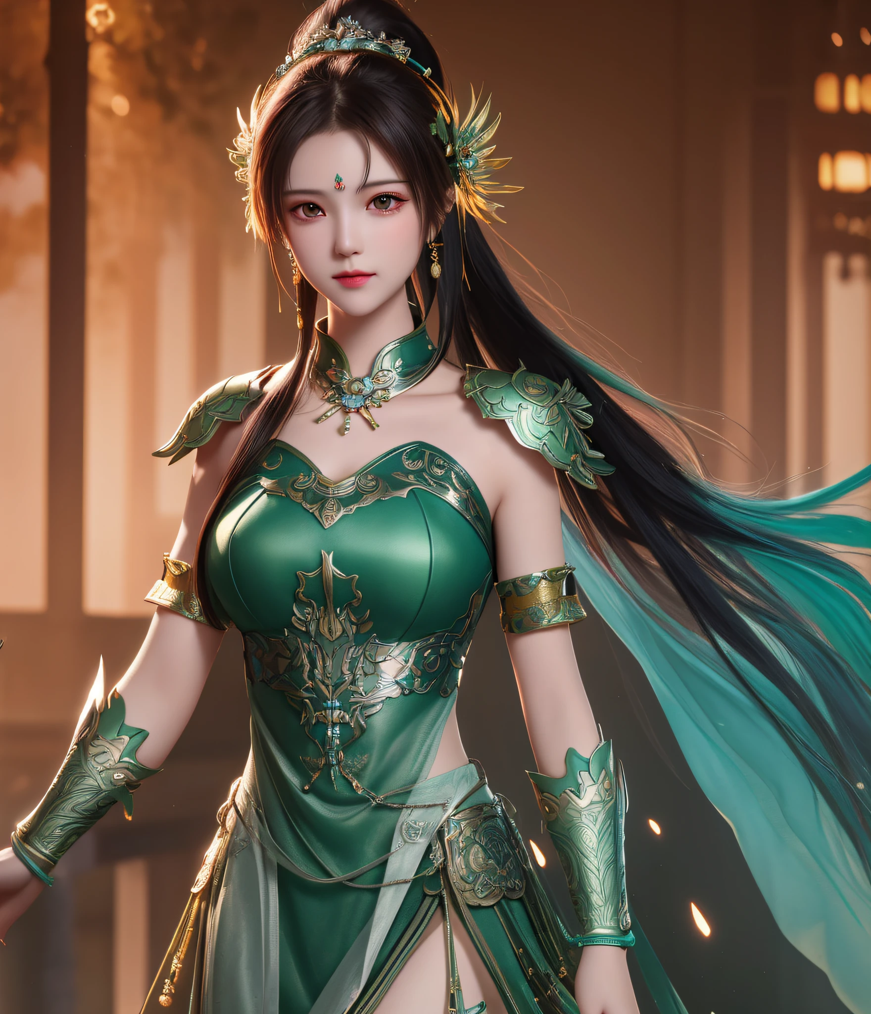 best quality, masterpiece, high resolution, 1girl, futuristic style metal armor, ancient chinese battlefield, metal armor, metal collar, hair accessory, necklace, jewelry, beautiful face, upon_body, tyndall effect, realistic, dark studio, edge lighting, duotone lighting, (high detail skin:1.2), 8k ultra hd, DSLR, soft lighting, high quality, volumetric lighting, frank, photos, high resolution, 4k, 8k, bokeh, baby green bikini armor, Embroidered phoenix on the chest, tight, ponytail, exposed arms, bracers