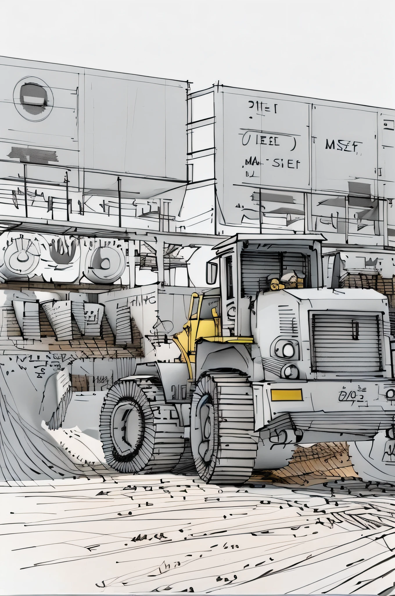 linear, gray, white background, simple background,sketch, sketch,pen_sketch_style,There is a large yellow bulldozer that is parked in front of the train, heavy machinery, sand piled in the corners, a large shovel, mining scrap metal, gravel, stone quarry location, hard work, massive construction machines