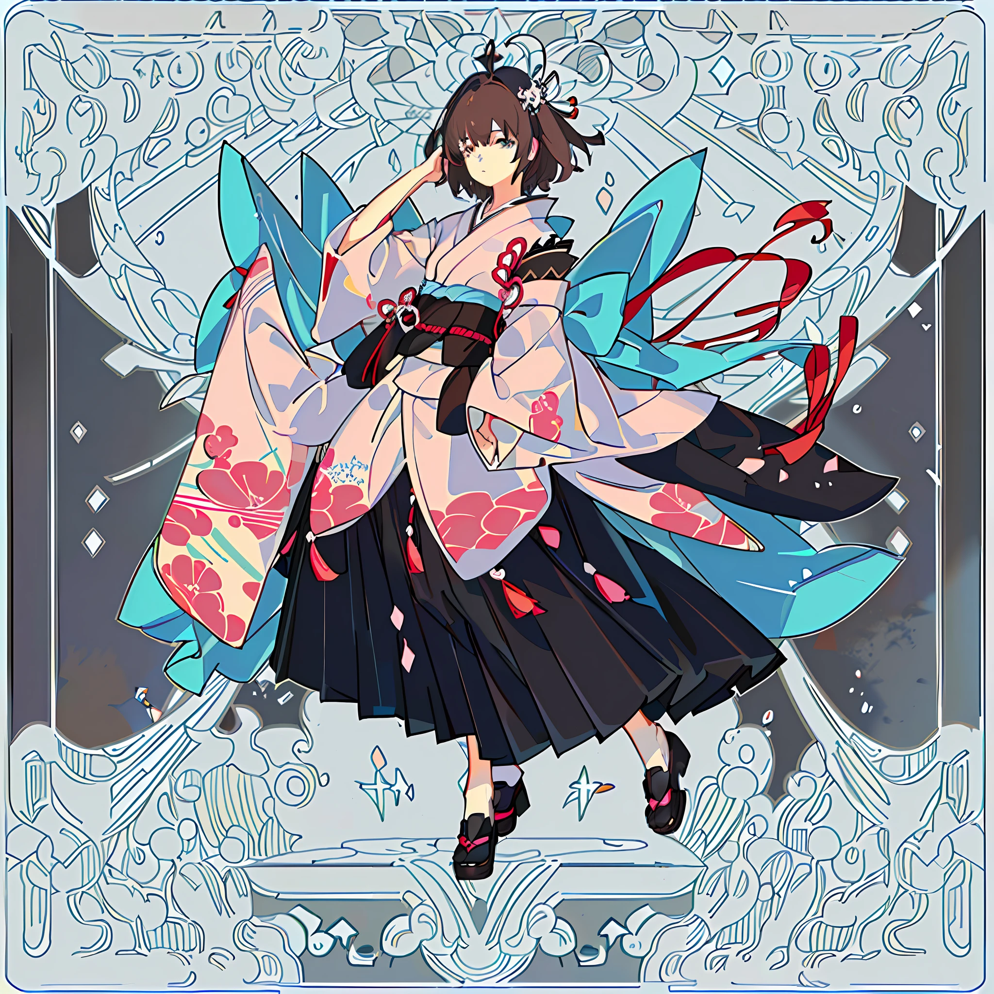 masterpiece, animation, detail, detail eyes, front, full body shooting, away from camera, facing camera, character standing painting, 1 loli, standing, hands at sides, short, flat chest, blank eyes, (expression indifference*2), gorgeous kimono, pink_blue kimono, complex patterns on clothes, short hair, brunette hair, plain white background