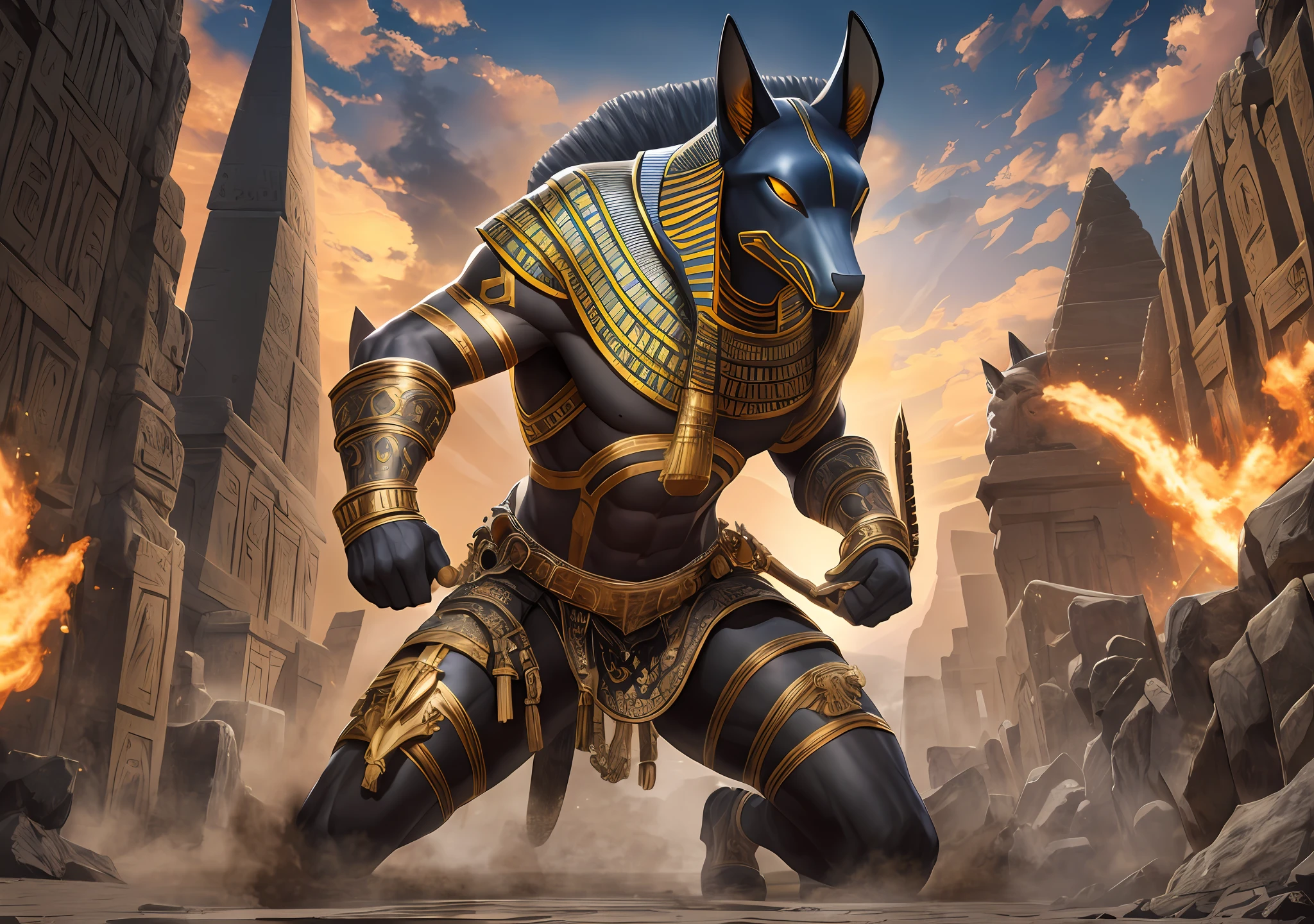 (hyperrealistic), (illustration), (high resolution), (8K), (extremely detailed), (best illustration), (detailed eyes), (best quality), (super detailed), (masterpiece), (detailed face), (full body), solo, (dynamic pose), (detailed limbs), anubis, 1 man with chacau head, black, scenery pyramids egypt, --ar 3:2 --no drawin, --no deformation members --auto --s2