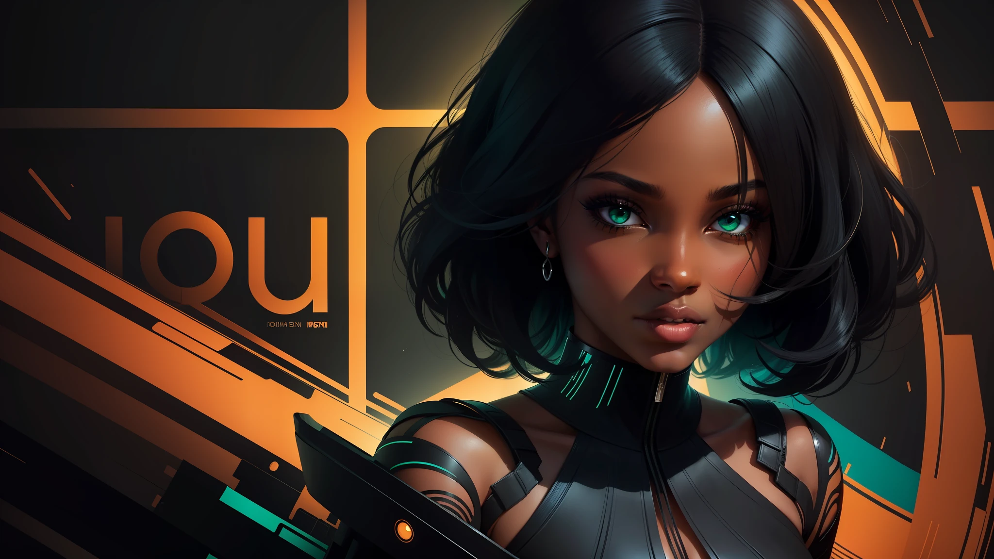 Digital illustration, a modern and elegant black woman, looking at the camera and forward, dramatic lighting, colorful and abstract flat background, no text, (predominant colors: black, dark blue, green)
