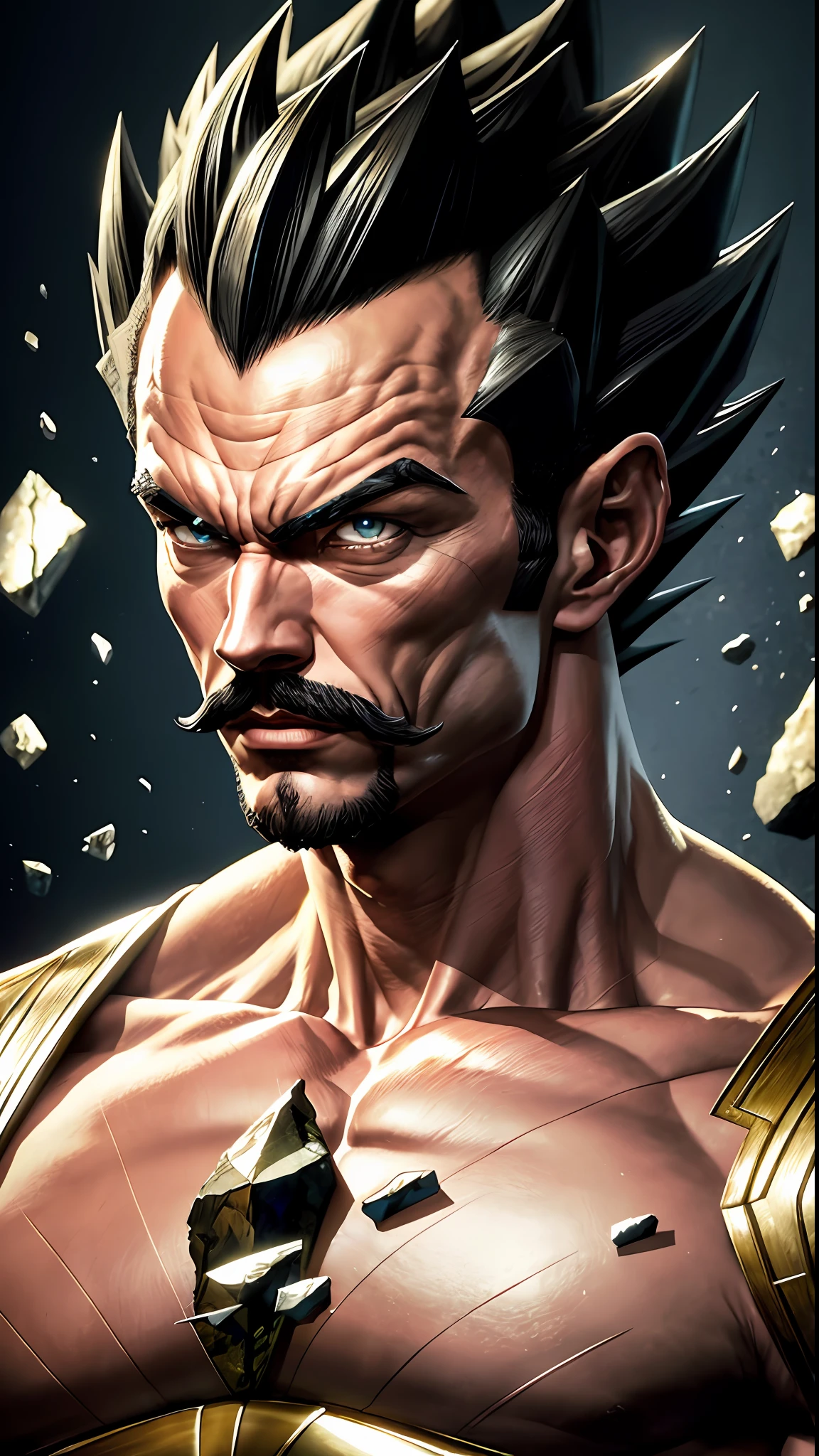 8k portrait of vegeta muscular, intricate, looking at the camera, elegant, wearing mustache, highly detailed, majestic, digital photography, art by artgerm and ruan jia and greg rutkowski, black hair, broken glass (masterpiece, side lighting, beautiful finely detailed eyes: 1.2 ), hdr,