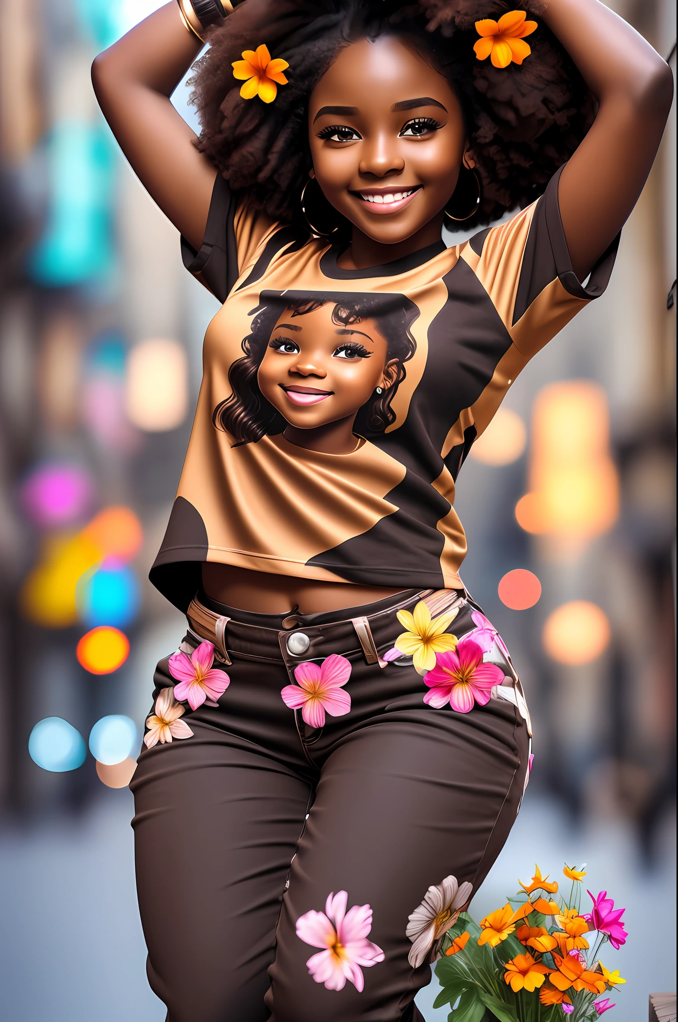 3D style realistic portrait of beautiful 9 month old African African baby girl ((dark brown skin color)) in city street, with jumping happily, ((Playtoon)), cute smile, ((with flowers)), wearing T-shirt (((without print))), orange and jeans, shoes from current fashion, mega hair long curly hair, ((kanekalon)), (cinematic contour lighting), close-up, product preview, detailed facial details, perfect face, sharpness, trend art, sharp facial details, cgsociety , art very high quality digital, exquisite hyperdetail, 4k, 3D, 8k, chibi style, soft lighting, dreamy  fashion --auto --s2