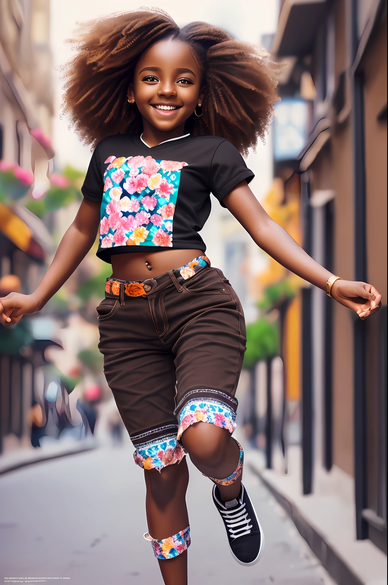 3D style realistic portrait of beautiful 9  African African baby girlark brown skin color)) in city street, with jumping happily, ((Playtoon)), cute smile, ((with flowers)), wearing T-shirt (((without print))), orange and jeans, shoes from current fashion, mega hair long curly hair, ((kanekalon)), (cinematic contour lighting), close-up, product preview, detailed facial details, perfect face, sharpness, trend art, sharp facial details, cgsociety , art very high quality digital, exquisite hyperdetail, 4k, 3D, 8k, chibi style, soft lighting, dreamy  fashion --auto --s2