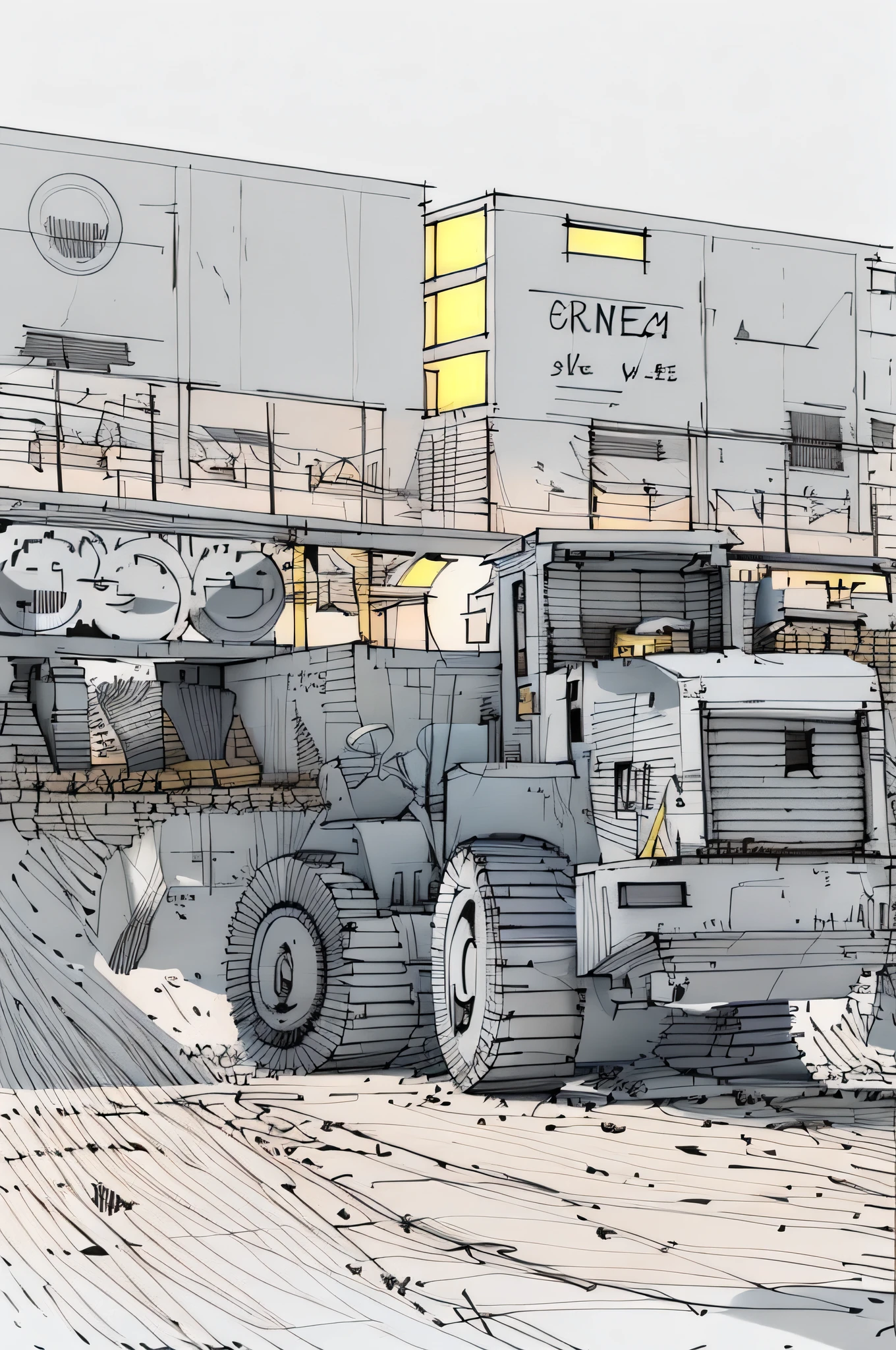 linear, gray, white background, simple background,sketch, sketch,pen_sketch_style,There is a large yellow bulldozer that is parked in front of the train, heavy machinery, sand piled in the corners, a large shovel, mining scrap metal, gravel, stone quarry location, hard work, massive construction machines