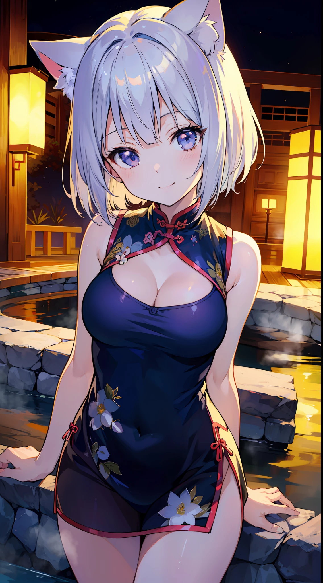 Masterpiece, Top Quality Anime Illustration, Super Detail, One Girl, Solo, Beautiful Girl with Silver Hair, Anime Loli, Cat Ear Loli, See-through Cheongsam in Light Color Night Color, Short Cheongsam, Sleeveless, Smile, Bare Skin Side Breast, Thigh Focus, Cleavage Enhancement, Hot Spring