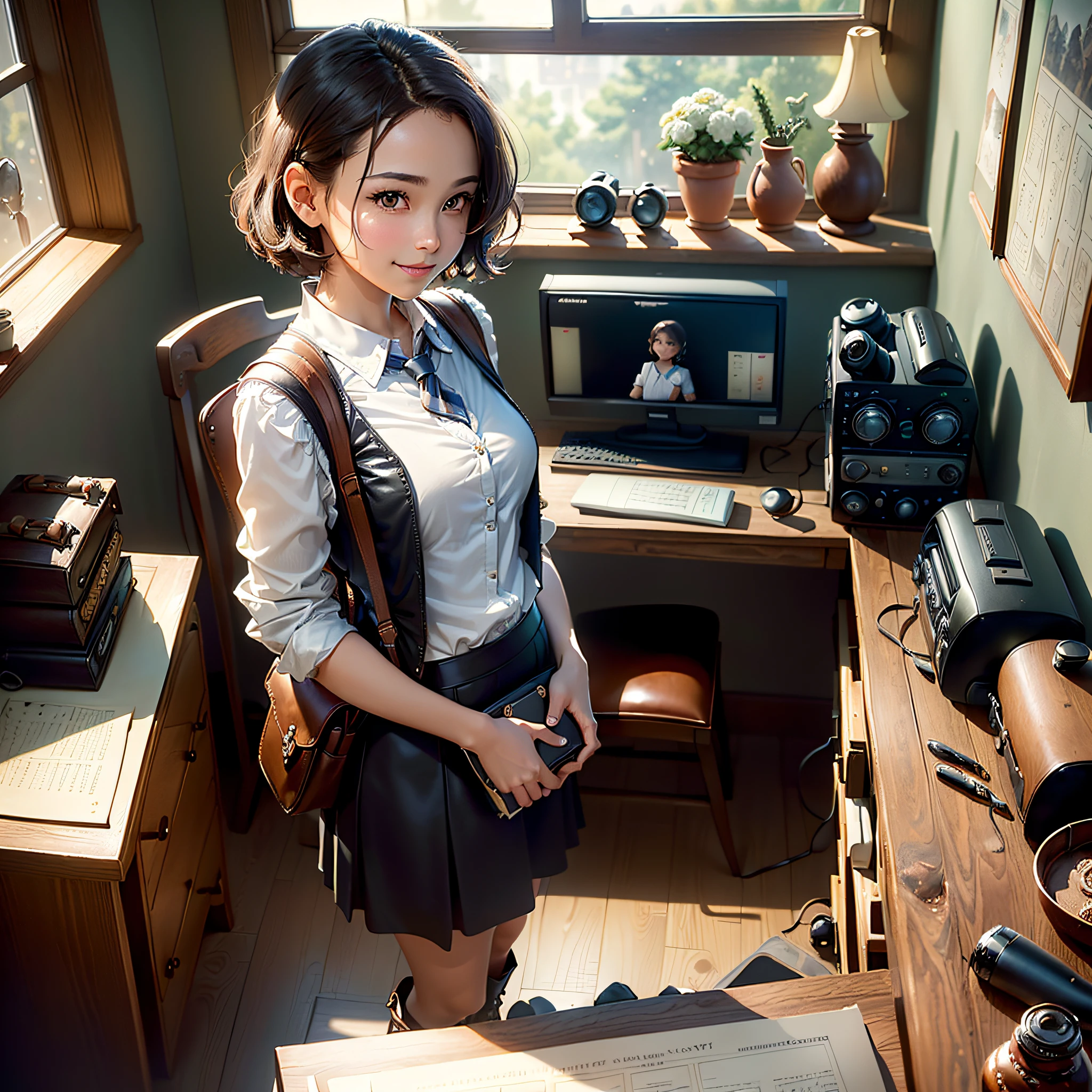 (masterpiece, highest quality, highest resolution, distinct_image, very elaborate CG, cinematic lighting, ray tracing, drop shadows, detailed detail, (photorealistic: 1.4), high quality textures, fine-grained, realistic face expression): (lone girl, face is Japan, brown short hair, hair tied back, small size breasts, Sparkly eyes, eye level shots, happy smile, beauty, slim body, holiday, own room, console games, computer, display, keyboard, mouse, knee-length skirt, white shirt with collar, leather vest, cardian, handgun holder, carrying leather bag on back, long boots, antique radio, coffee, model train, Bookshelves, wooden chairs, pots, fans, paintings, stuffed animals, ties, notebooks, stationery, vases, photo frames, letters, fountain pens, calendars, lamps, cushions, baskets, mirrors in profile, candles, newspapers, sweets, park view outside the window, telephone, fruit, telescope, retro TV)