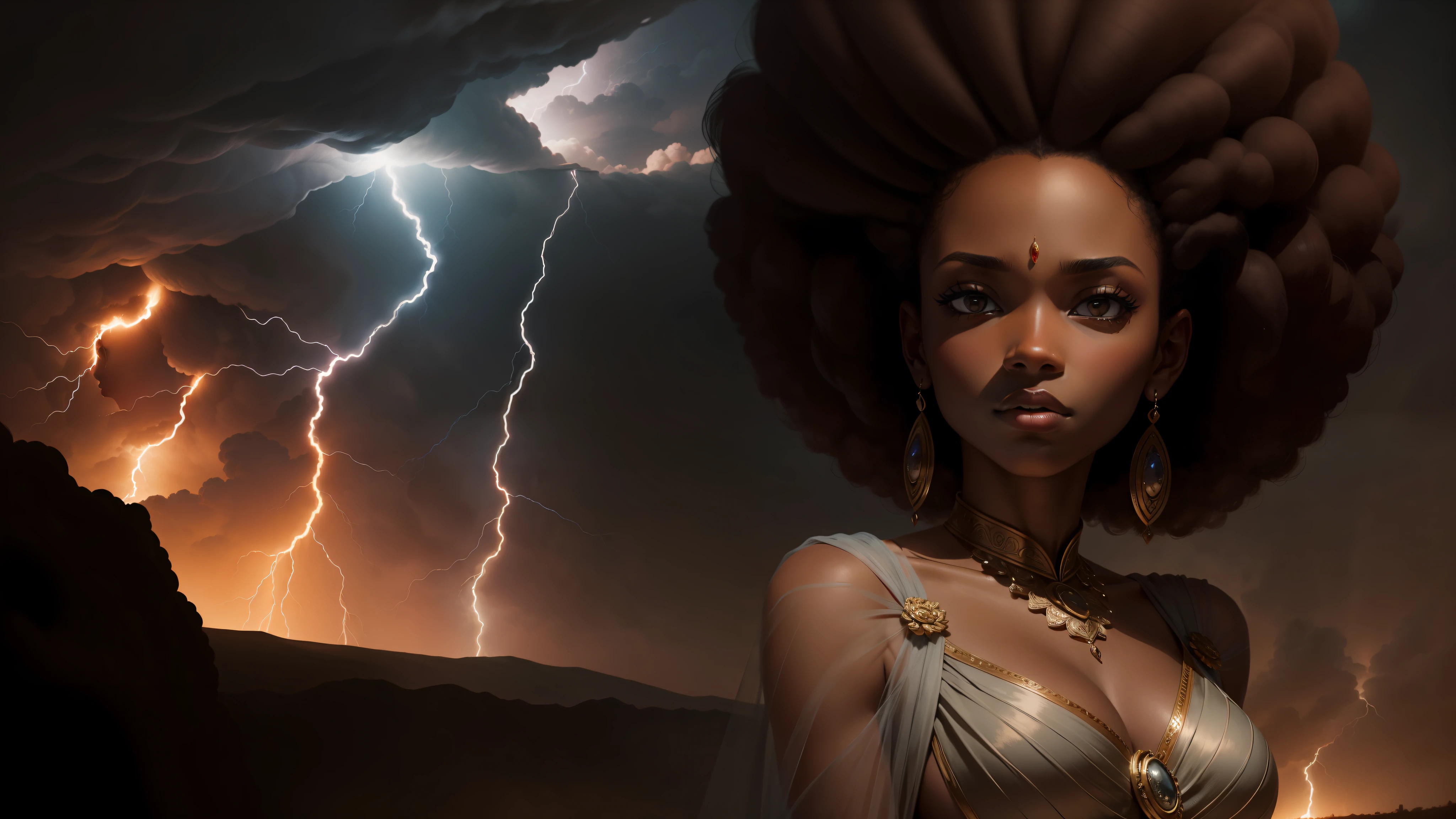 an elegant afro woman, looking to the camera, dramatic lightning,