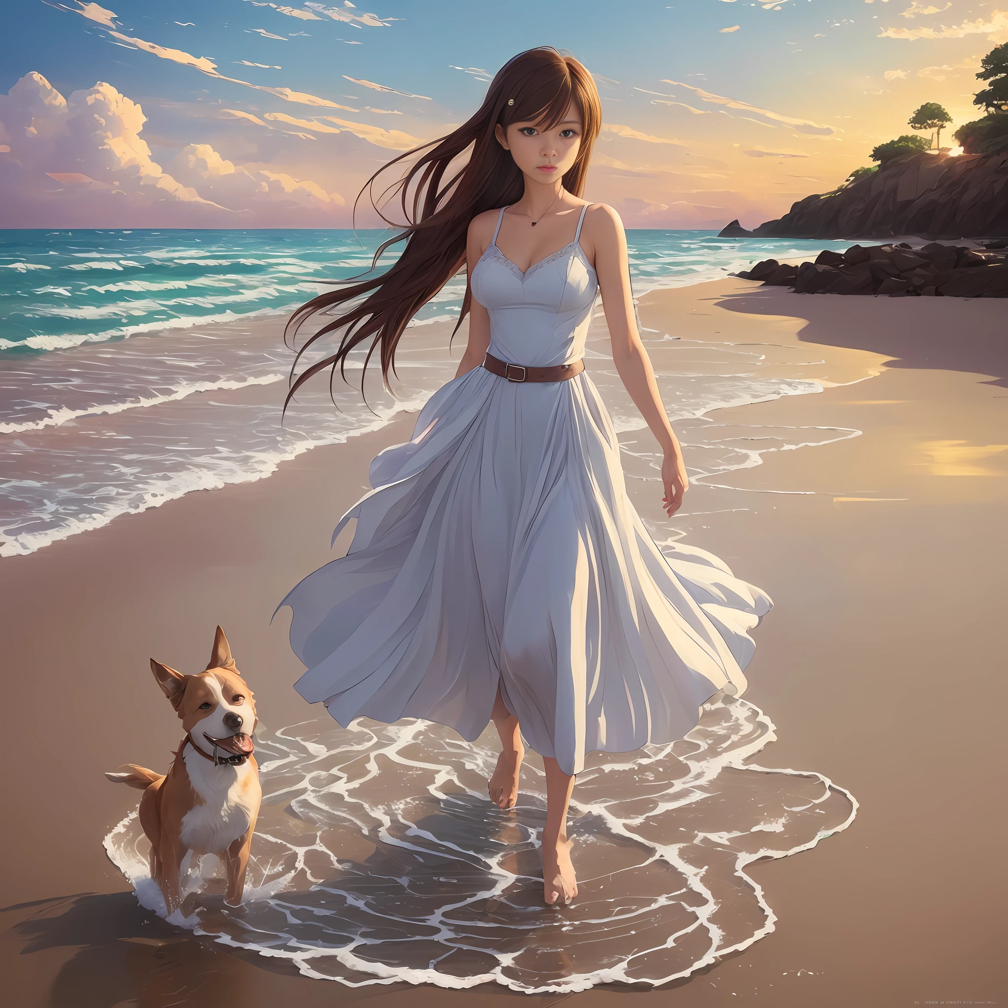 (64k, masterpiece:1.21), (best quality:1.21), (an extremely delicate and beautiful), ((Hasselblad photography)), (realistic, photo-realistic:1.3),(UHD), high res,HDR, cinematic lighting, highly detailed, highly detailed background, perspective, bokeh, depth of field, ray tracing, professional,RAW photo, subsurface scattering, PBR texturing, post-processing, anisotropic filtering, maximum clarity and sharpness, multi-layered textures, albedo and specular maps, surface shading, accurate simulation of light-material interaction, perfect proportions, two-tone lighting, wide aperture, low ISO, white balance, rule of thirds, dynamic segmentation, best composition, best story expression, best visual expression, trending on instagram, (vivid color:1.31), analog,
there is a woman in a white dress and a dog on the beach, a digital painting by Shingei, pixiv contest winner, conceptual art, artwork in the style of guweiz, rob rey and kentarõ miura style, guweiz, anime girl walking on water, in style of makoto shinkai, made with anime painter studio