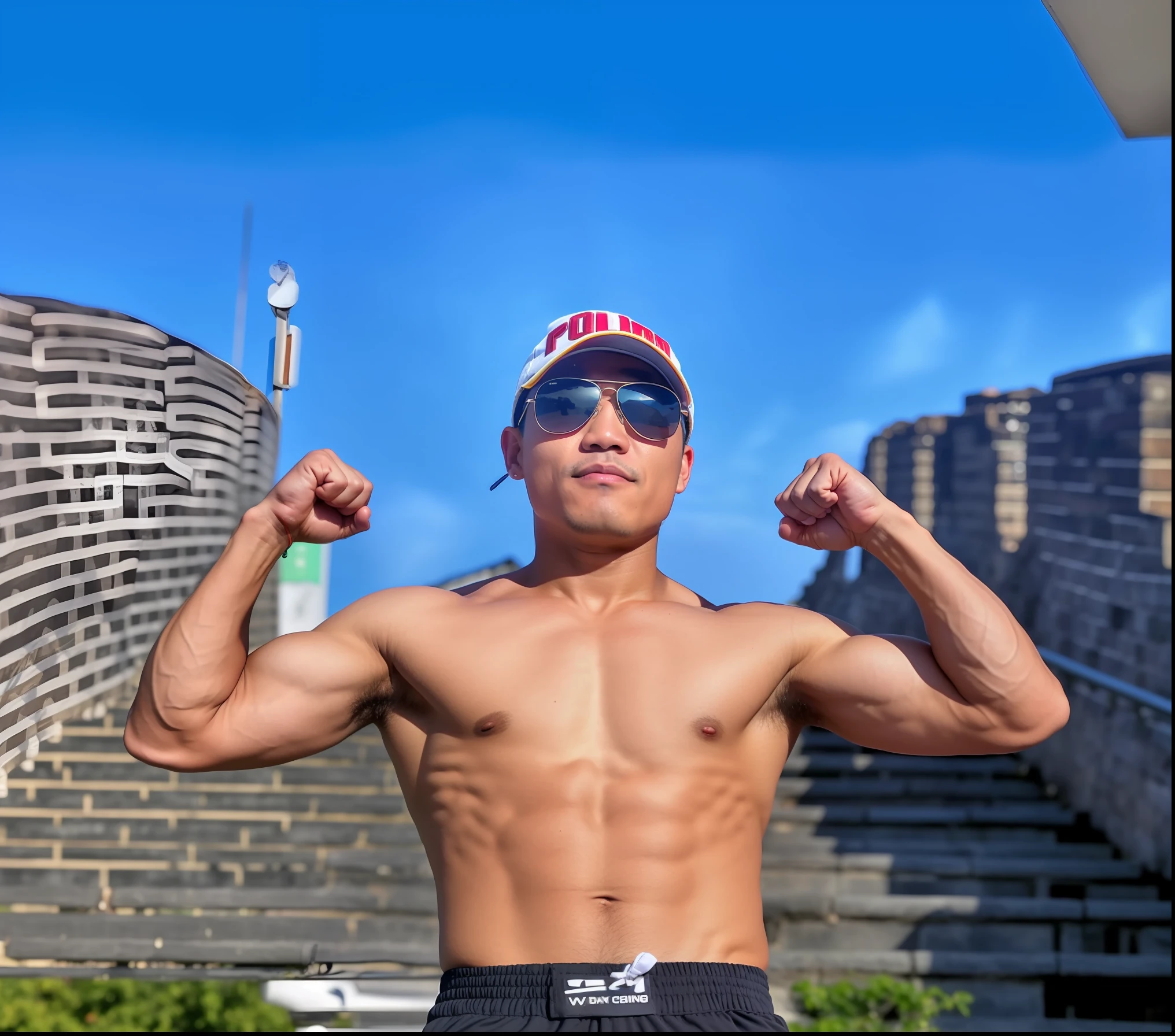 there is a man with a hat and sunglasses posing for a picture, posing ready for a fight, ruxing gao, super buff and cool, muscular!, nanquan, chengwei pan, wei wang, 2 , muscular!!, jinyiwei, 2 7 years oldn, 2 9 years old, strong poand imposing