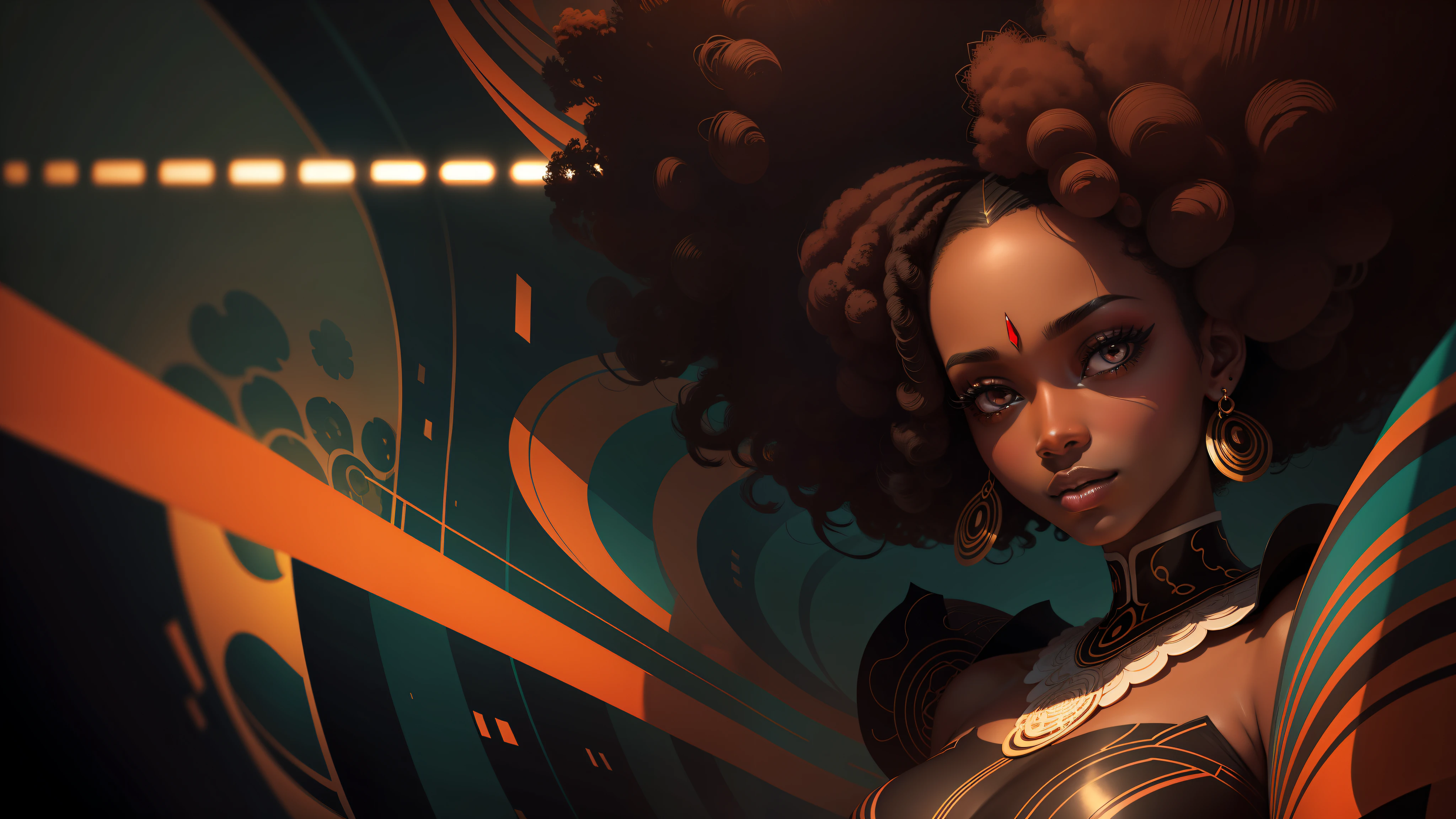 Digital illustration, an elegant afro woman, looking at the camera and forward, dramatic lighting, colorful and abstract flat background, no text