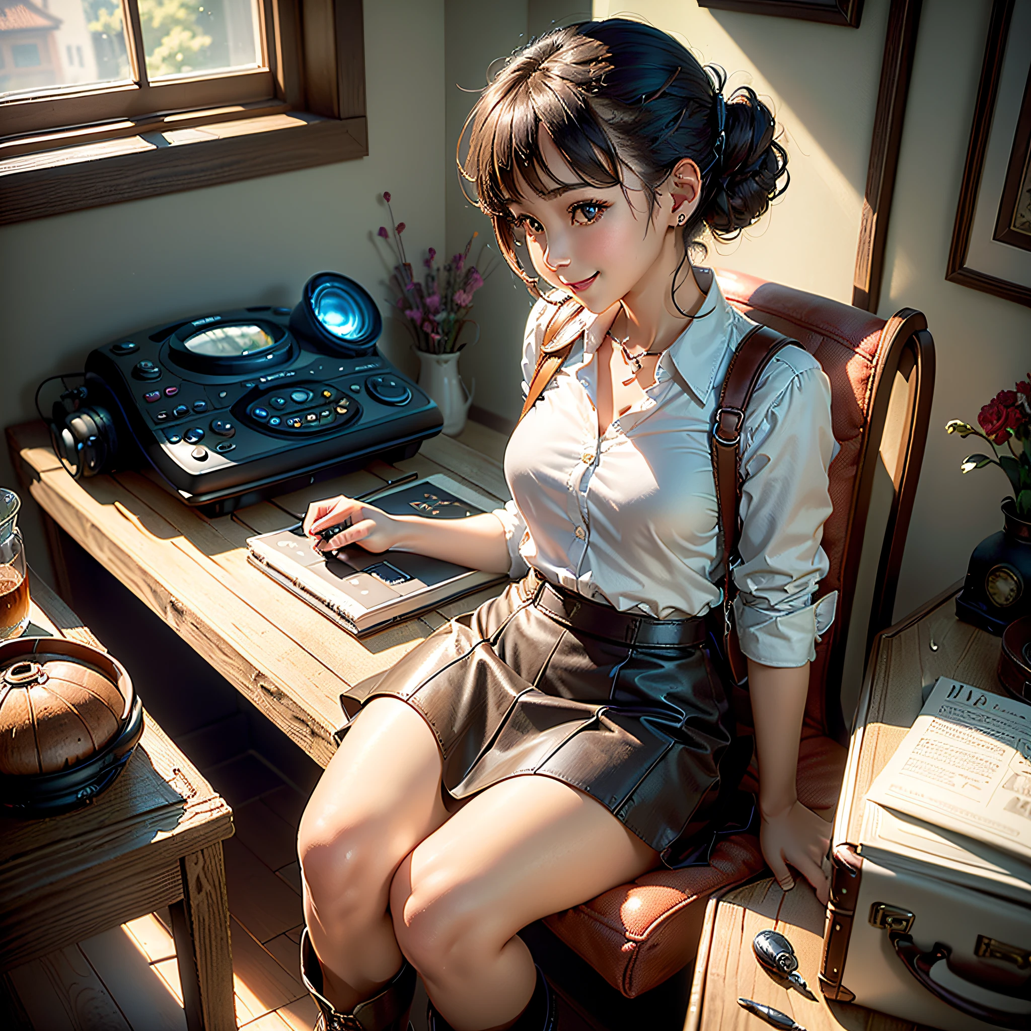 (masterpiece, highest quality, highest resolution, distinct_image, very elaborate CG, cinematic lighting, ray tracing, drop shadows, detailed detail, (photorealistic: 1.4), high quality textures, fine-grained, realistic face expression): (lone girl, face is Japan, brown short hair, hair tied back, small size breasts, Sparkly eyes, eye level shots, happy smile, beauty, slim body, holiday, own room, console games, computer, display, keyboard, mouse, knee-length skirt, white shirt with collar, leather vest, cardian, handgun holder, carrying leather bag on back, long boots, antique radio, coffee, model train, Bookshelves, wooden chairs, pots, fans, paintings, stuffed animals, ties, notebooks, stationery, vases, photo frames, letters, fountain pens, calendars, lamps, cushions, baskets, mirrors in profile, candles, newspapers, sweets, park view outside the window, telephone, fruit, telescope, retro TV)