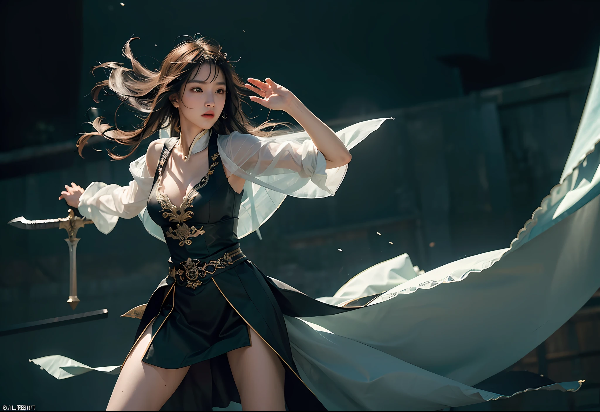 (masterpiece:1.3),extremely detailed CG unity 8k wallpaper, realistic, [(medium format image)],[(dreamy)],[(400 mega pixels)], (photorealistic:1.4), (RAW photo:1.2),  (hyper-realistic), ultra-detailed, illustration , HDR,  Amazing ,finely detail, official art, (best quality), incredibly absurdres,light on face, cinema lights, professional lighting, photon mapping, radiosity, physically-based rendering, solo focus, sharp focus,(((Dispersive light))),Left light,(extreme long shot:1.9),.//.weapon,Detailed face,.1girl,solo,cleavage,(magic circle:1.2),xiuxian,Beautiful girl,full body,east asian architecture,sheath, battle, Passionate affair, Imminent fight, (Wet hair:0.3), messy, ornate, flying hair, dynamic posture, combat, sword holding, waving,  flowing smoke, sword light and shadow,full shot . .