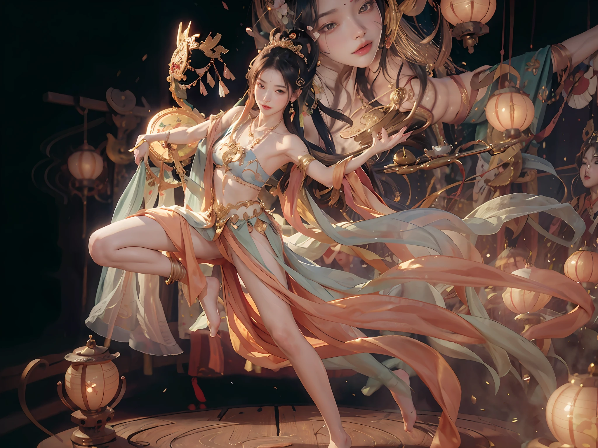 (RAW Photo, Best Quality), (Realistic, Photorealistic True: 1.3), Best Quality, Highly Detailed, Masterpiece, Ultra Detailed, Illustration, 2-Girls, upper_body, Dynamic Angle, World Mastery Theater, messy_long_hair, Best Quality, Extremely Delicate Beautiful Girl, Supple Fair Skin, Earrings, Gold Ornaments, Hair Bubbles, Copper Bells, Delicate Facial Features, Perfect Face, Sexy Collarbone, Barefoot, No Shoes, Delicate Forehead Hands, Delicate eyelashes, delicate eyes, bare shoulders, stunning beauty, extreme details, realistic details, abdomen, navel, extremely detailed CG unified 8k wallpaper, ink, amazing, sexy, peach blossom eyes, light makeup, smile, movie lights, lens_flare, dunhuang_style, mother-in-law dance, bare shoulders, streamers, floating, lanterns, flying pipa girl,