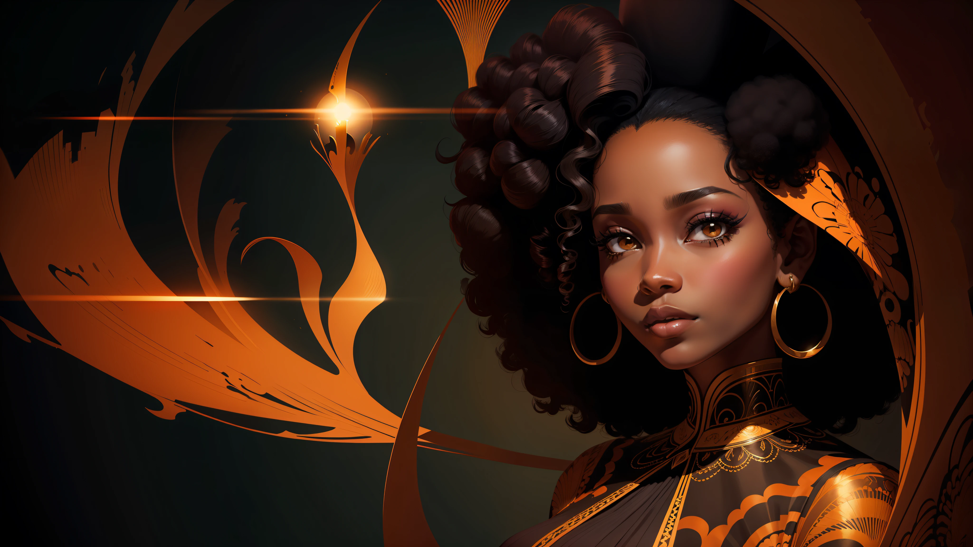 Illustration, an elegant afro woman, looking at the camera and forward, dramatic lighting, colorful and abstract flat background, no text