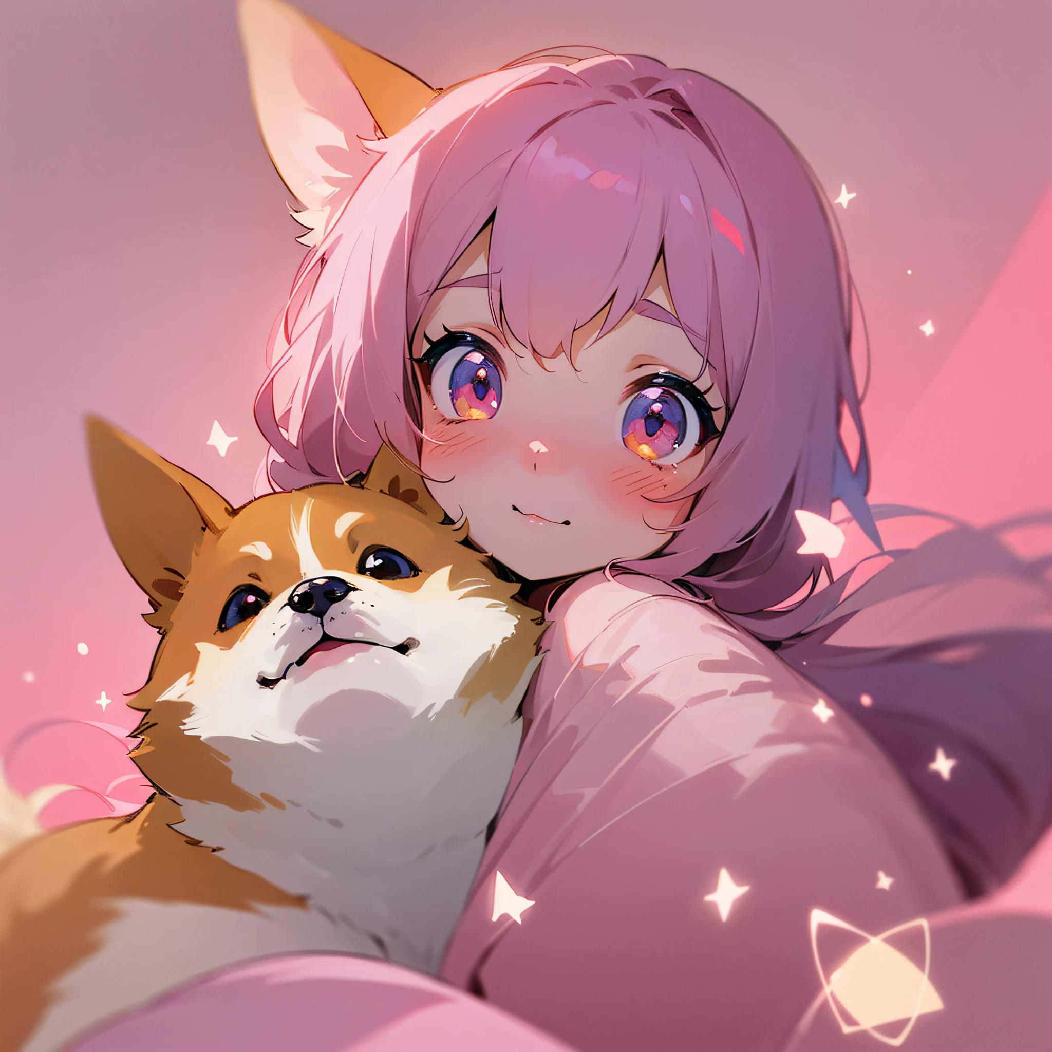 (Masterpiece quality, cute cartoon style), pink furry color, (magic element + soft light rendering), (a shy girl) + (a cute corgi), warm and simple picture background, cute full of sweetness. --auto --s2