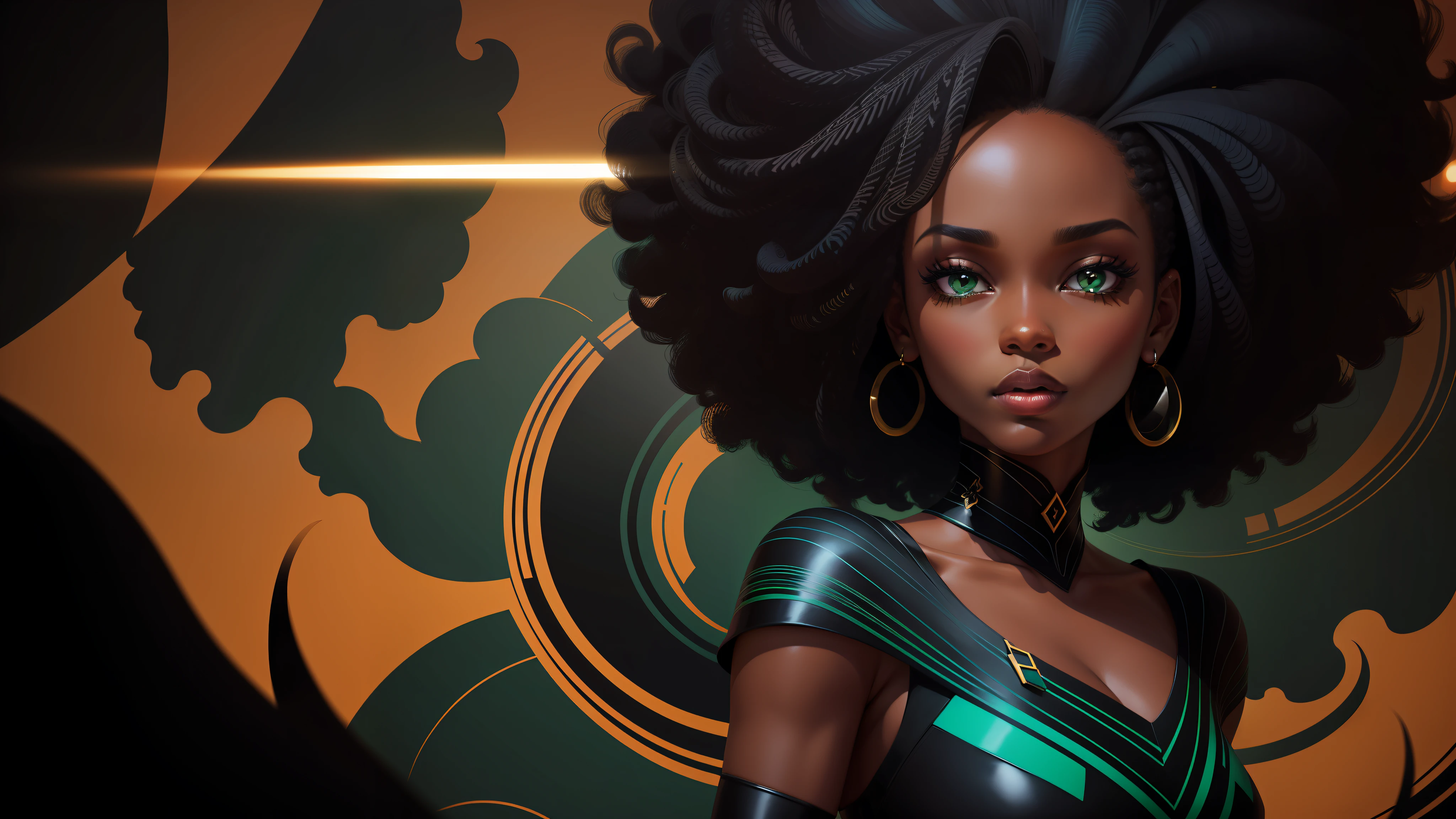 Digital illustration, a modern and elegant afro woman, looking at the camera and forward, dramatic lighting, colorful and abstract flat background, no text, (predominant colors: black, dark blue, green)