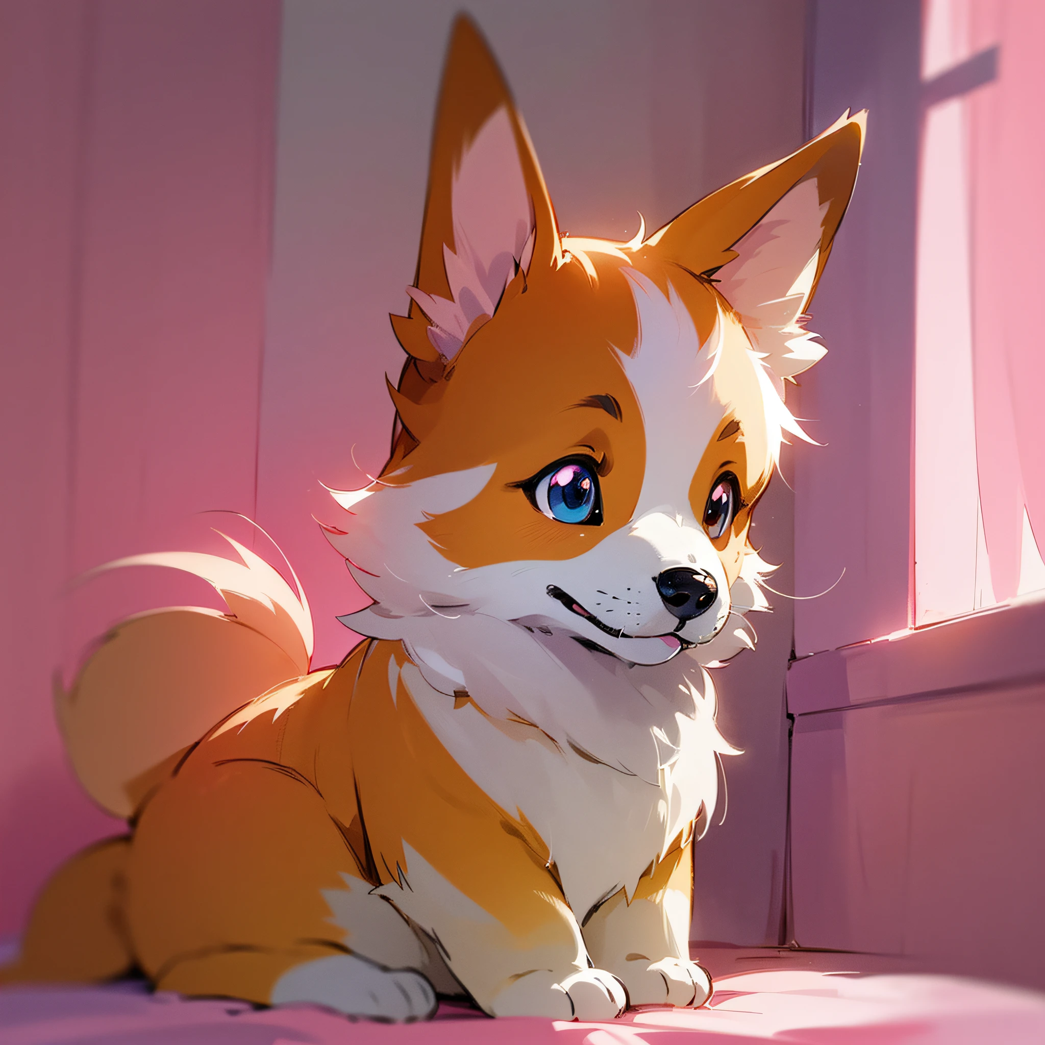 (Masterpiece quality, cute cartoon style), pink furry color, (magic element + soft light rendering), (a shy girl) + (a cute corgi), warm and simple picture background, cute full of sweetness. --auto --s2