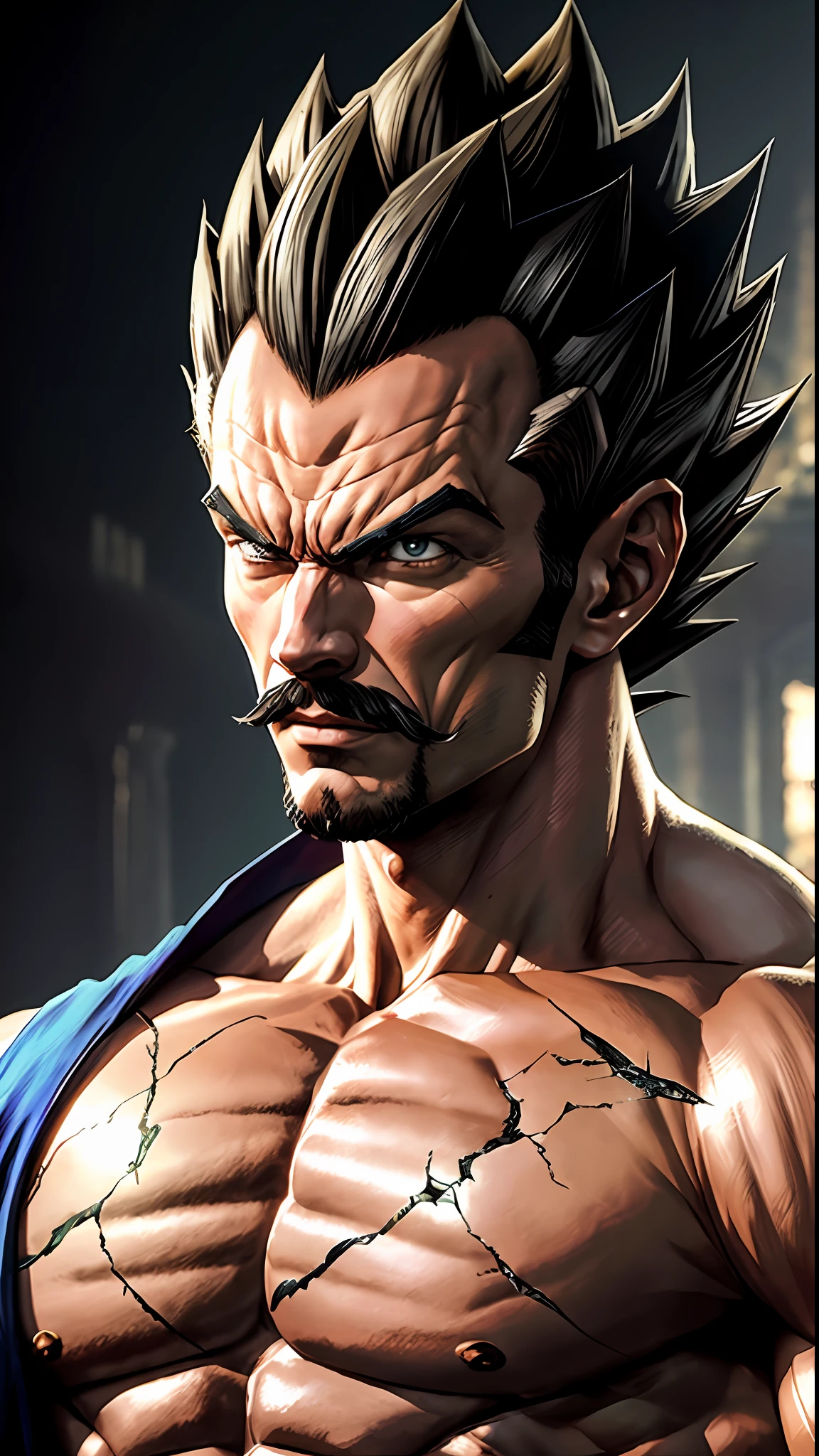 8k portrait of vegeta muscular, intricate, looking at the camera, elegant, wearing mustache, highly detailed, majestic, digital photography, art by artgerm and ruan jia and greg rutkowski, black hair, broken glass around (masterpiece, side lighting, beautiful finely detailed eyes: 1.2 ), hdr,