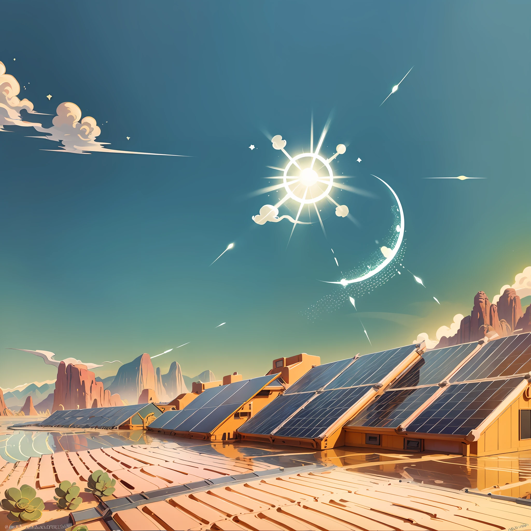 Poster design, (SFW), new energy photovoltaic panels, solar panels, photovoltaic power generation, concept style, Dragon Boat Festival, background is interspersed in the desert mountains, perfect quality, clear focus, colorful, perfect face, complex details, ultra-low viewing angle, wide angle lens, 9:16 --auto --s2